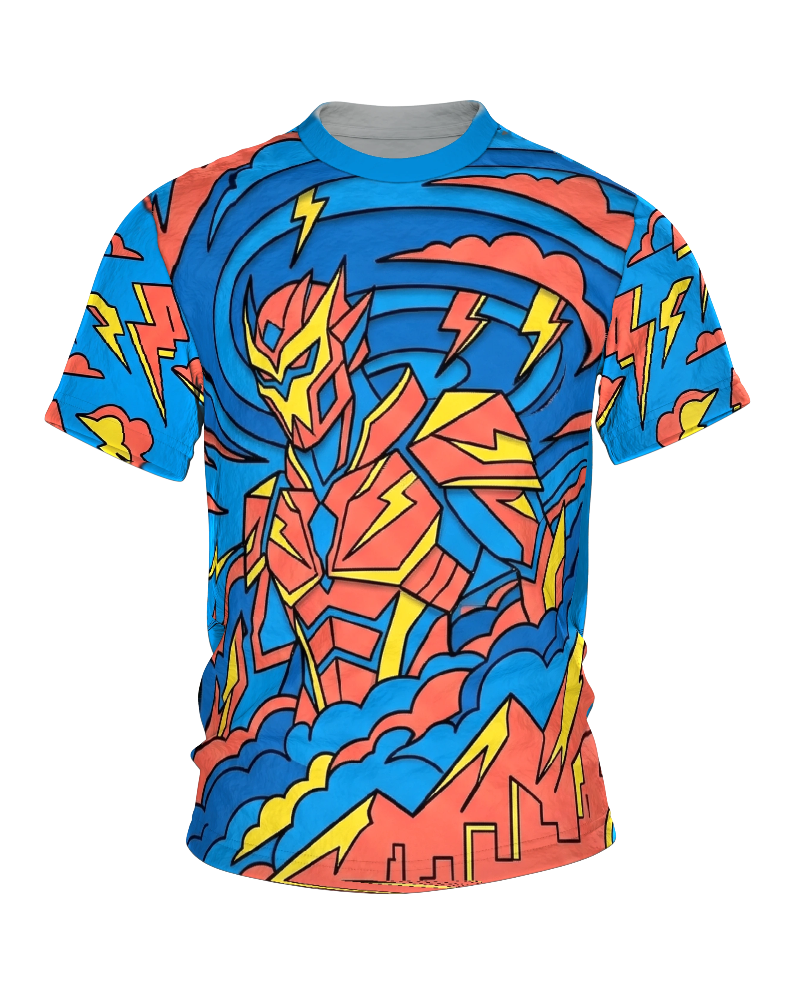 Mecha Krieger T-Shirt, Blitzsturm Comic in Rot Blau Gelb
