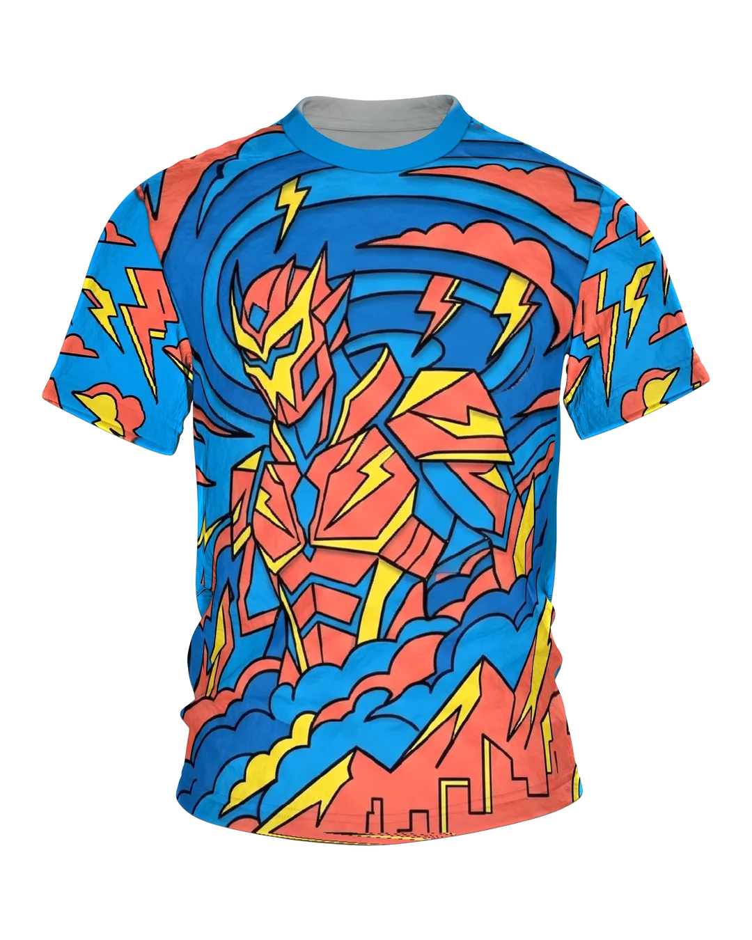 Mecha Krieger T-Shirt, Blitzsturm Comic in Rot Blau Gelb