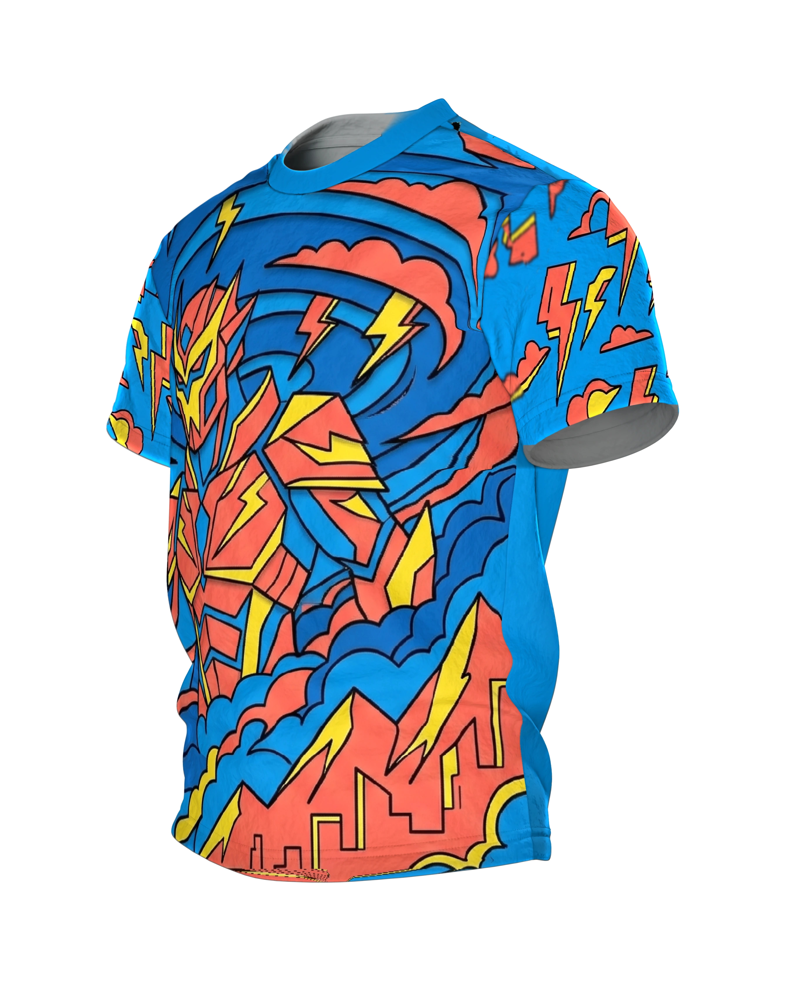 Mecha Krieger T-Shirt, Blitzsturm Comic in Rot Blau Gelb, Seitenansicht rechts