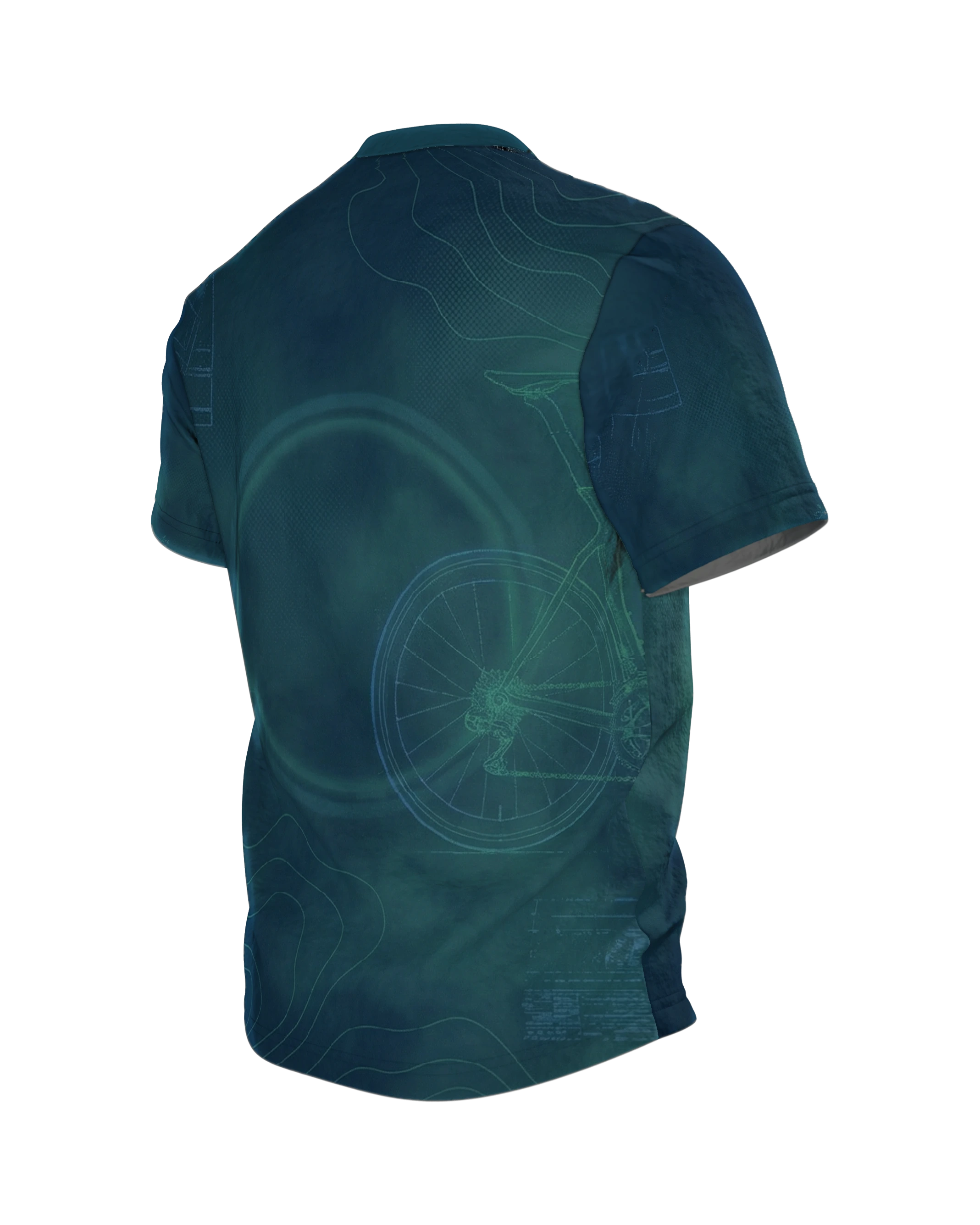 Rennrad Blueprint T-Shirt, Cyan Linework Draufsicht auf Wolken-Grund, Rückseite schräg links