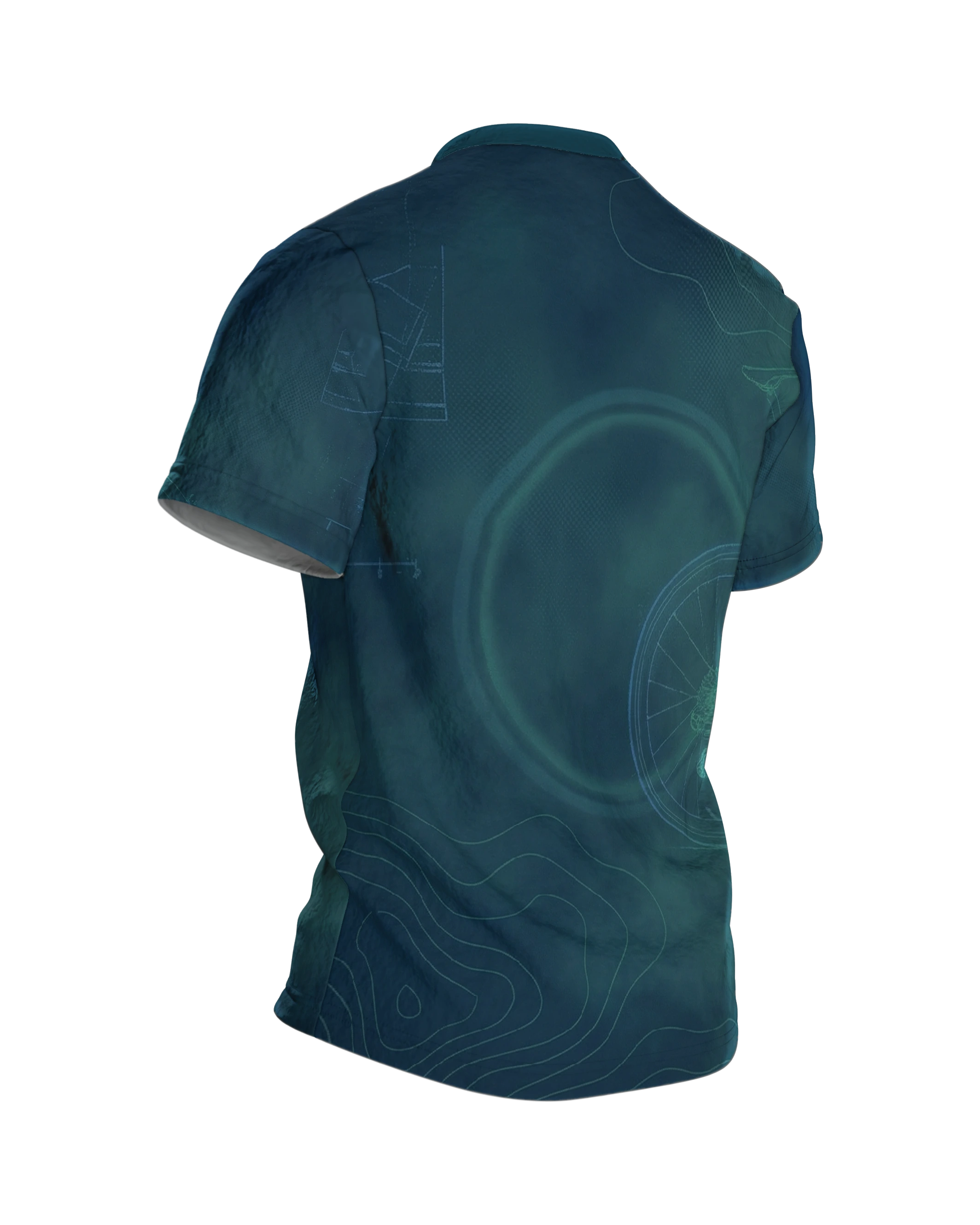 Rennrad Blueprint T-Shirt, Cyan Linework Draufsicht auf Wolken-Grund, Rückseite schräg rechts