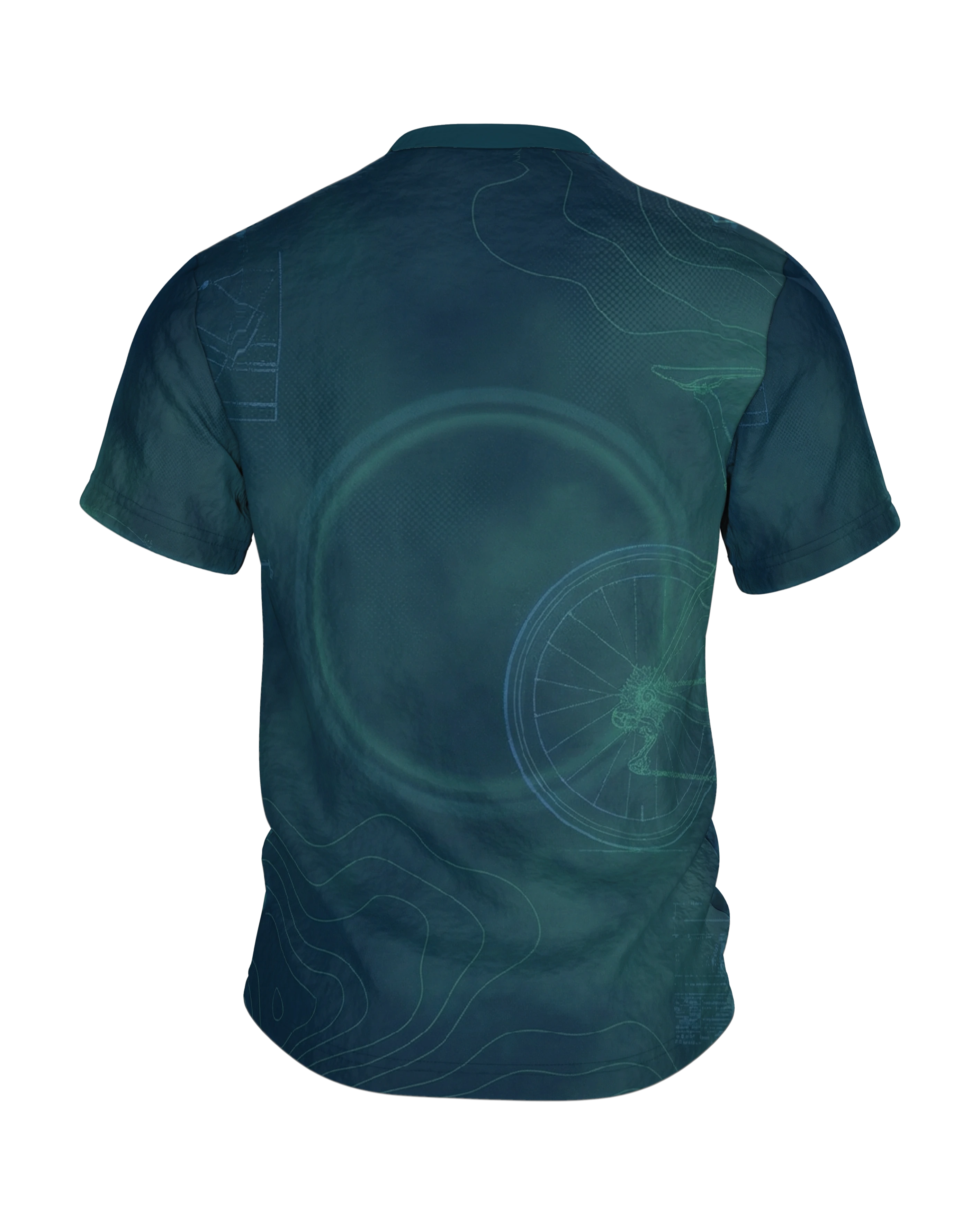 Rennrad Blueprint T-Shirt, Cyan Linework Draufsicht auf Wolken-Grund, Rückseite