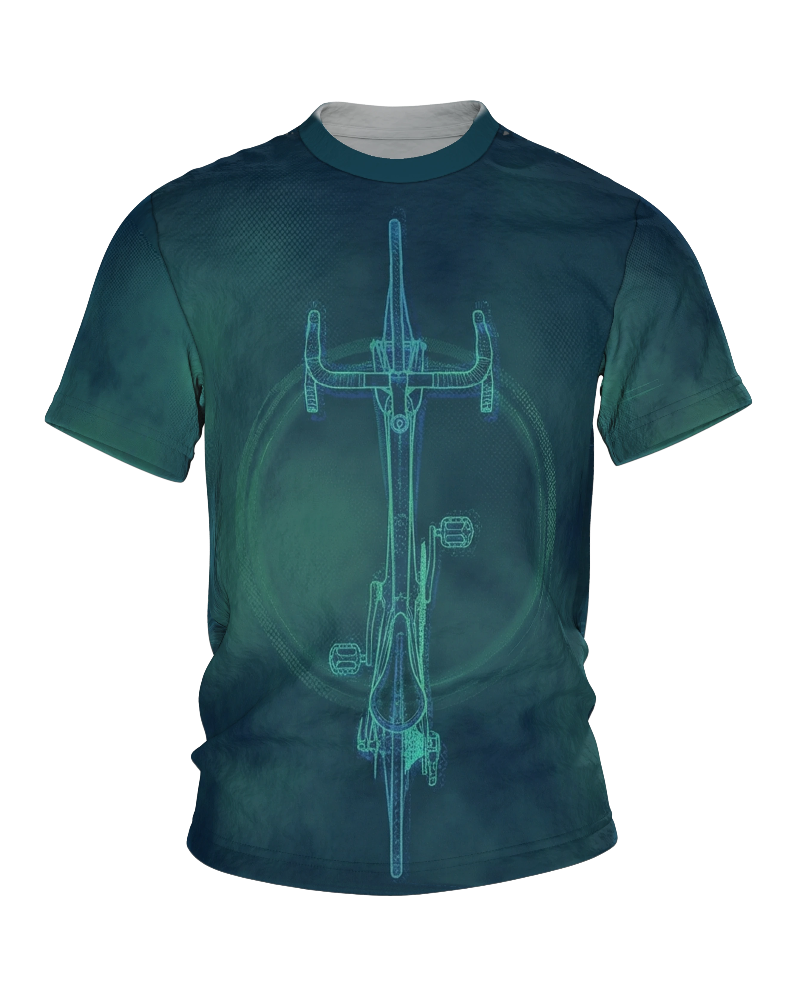 Rennrad Blueprint T-Shirt, Cyan Linework Draufsicht auf Wolken-Grund