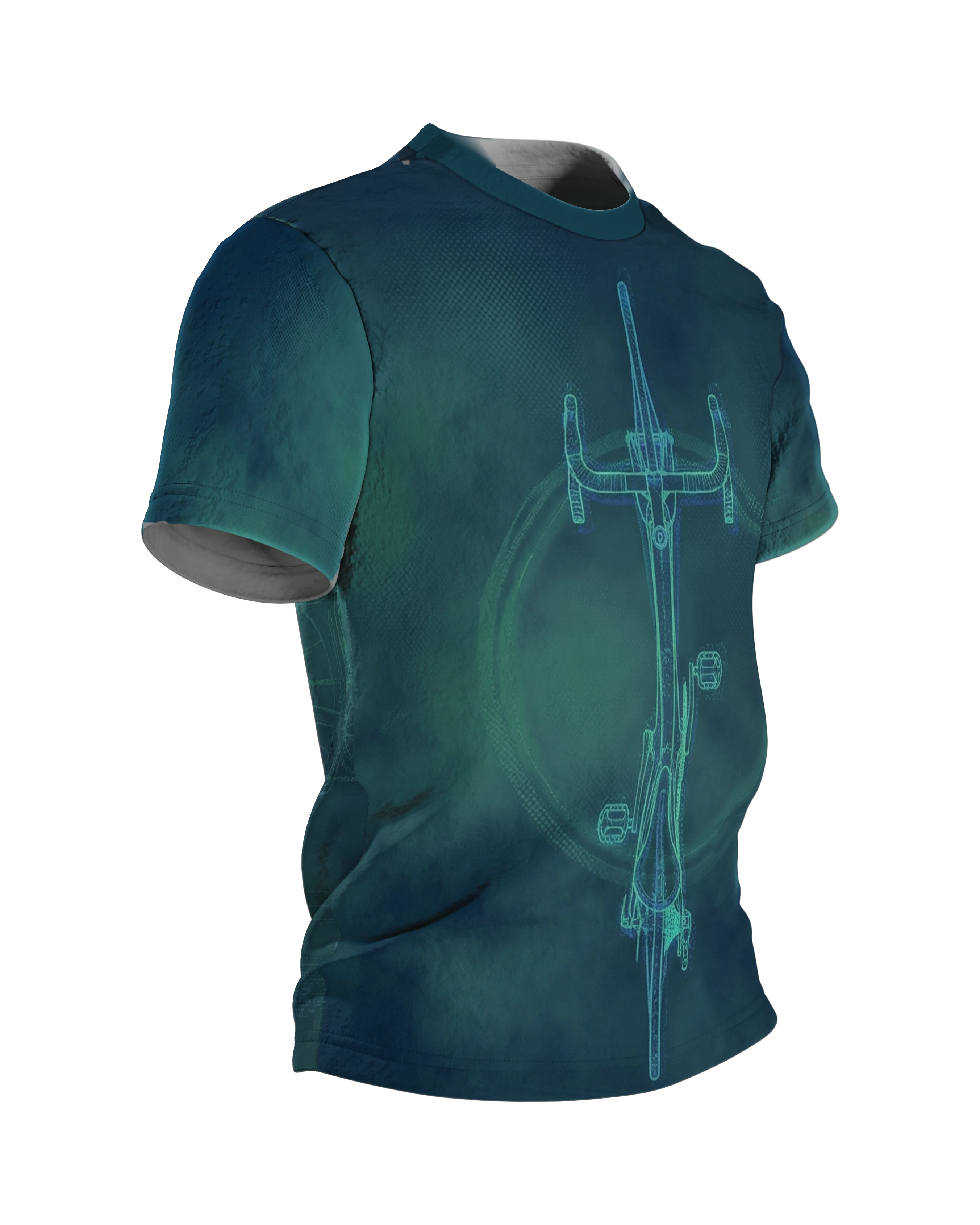 Rennrad Blueprint T-Shirt, Cyan Linework Draufsicht auf Wolken-Grund, Seitenansicht links