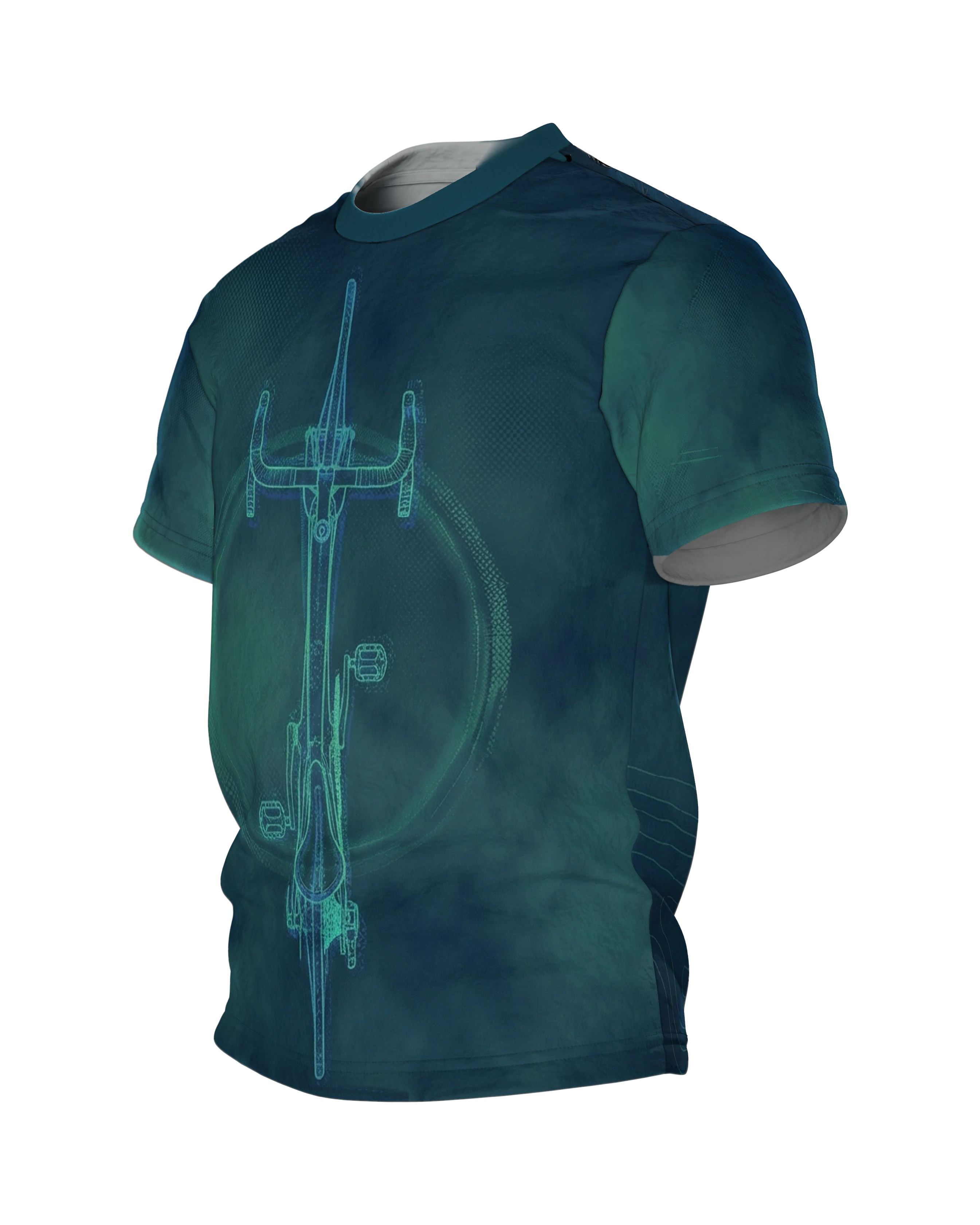 Rennrad Blueprint T-Shirt, Cyan Linework Draufsicht auf Wolken-Grund, Seitenansicht rechts