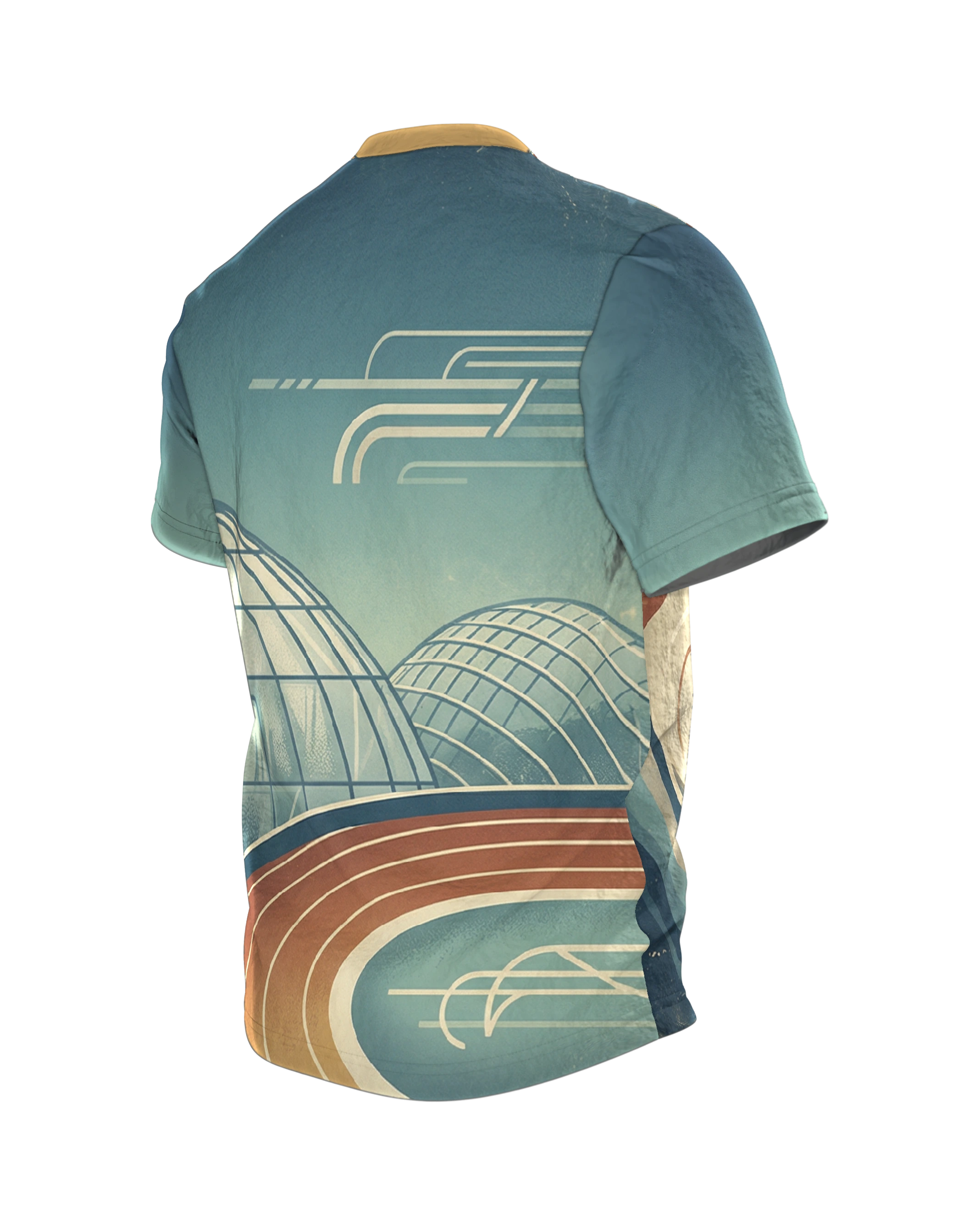 Bahnrad Velodrom T-Shirt mit Monstera-Glashaus, Steilkurve vorn und Kuppel-Panorama am Rücken, Rückseite schräg links