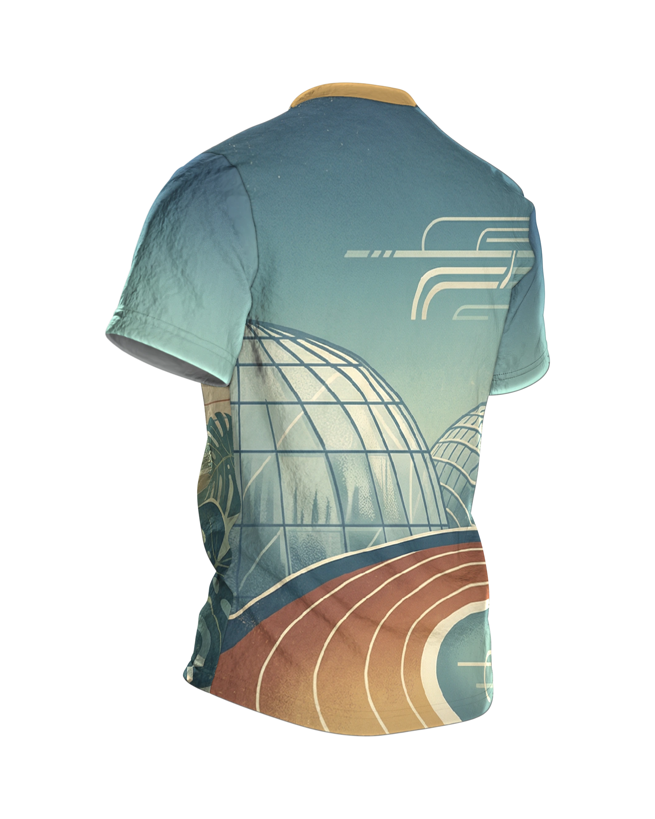 Bahnrad Velodrom T-Shirt mit Monstera-Glashaus, Steilkurve vorn und Kuppel-Panorama am Rücken, Rückseite schräg rechts