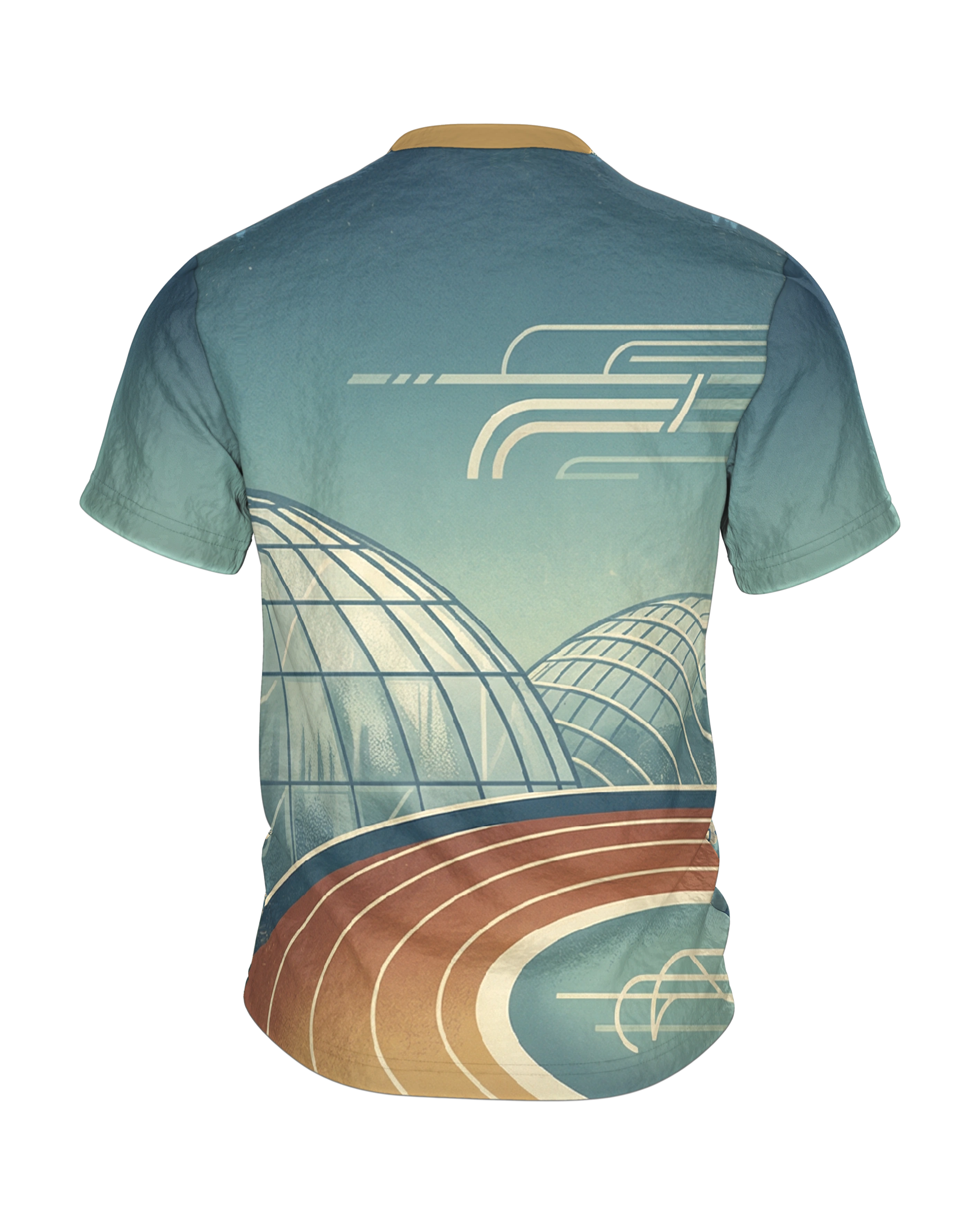 Bahnrad Velodrom T-Shirt mit Monstera-Glashaus, Steilkurve vorn und Kuppel-Panorama am Rücken, Rückseite
