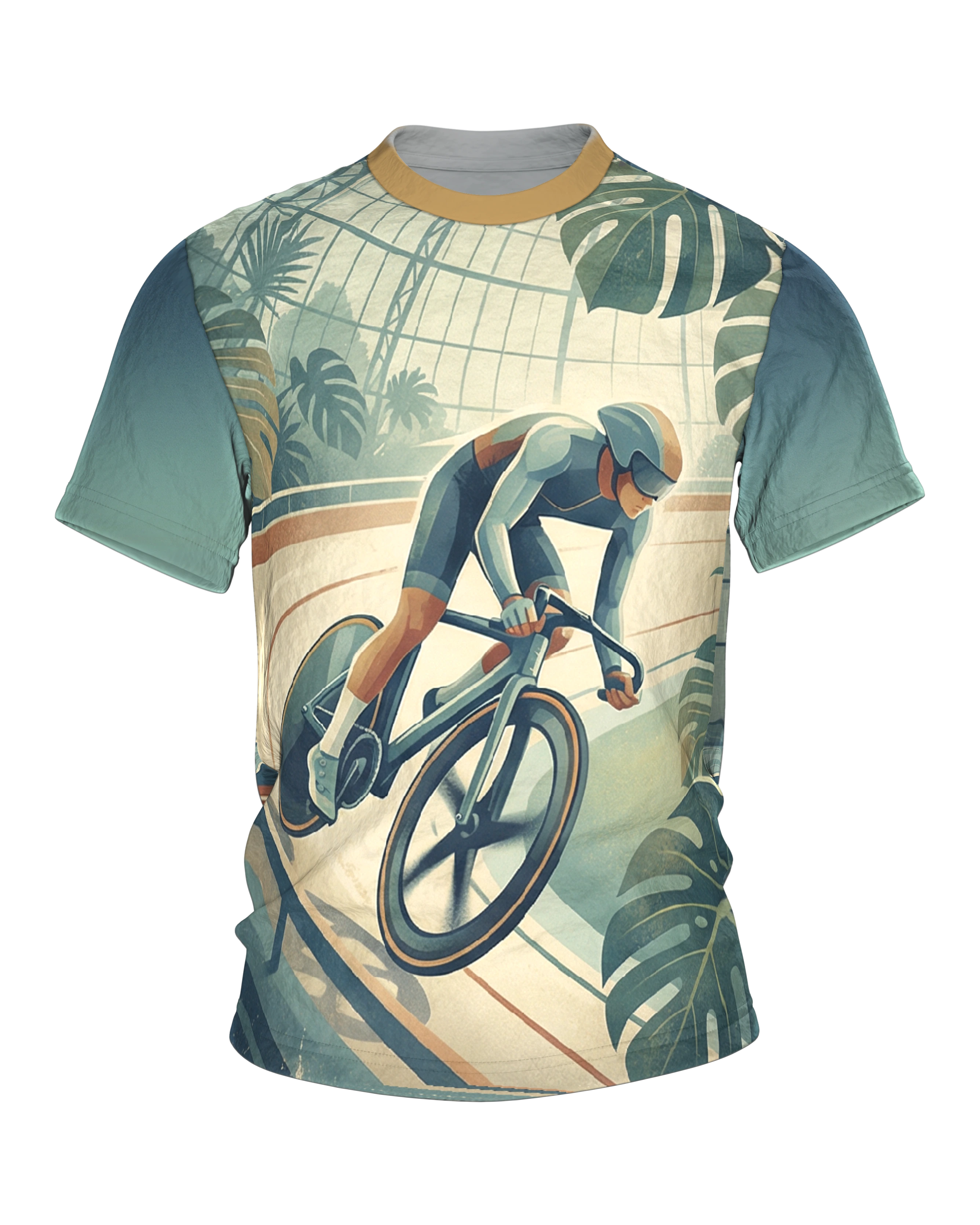Bahnrad Velodrom T-Shirt mit Monstera-Glashaus, Steilkurve vorn und Kuppel-Panorama am Rücken