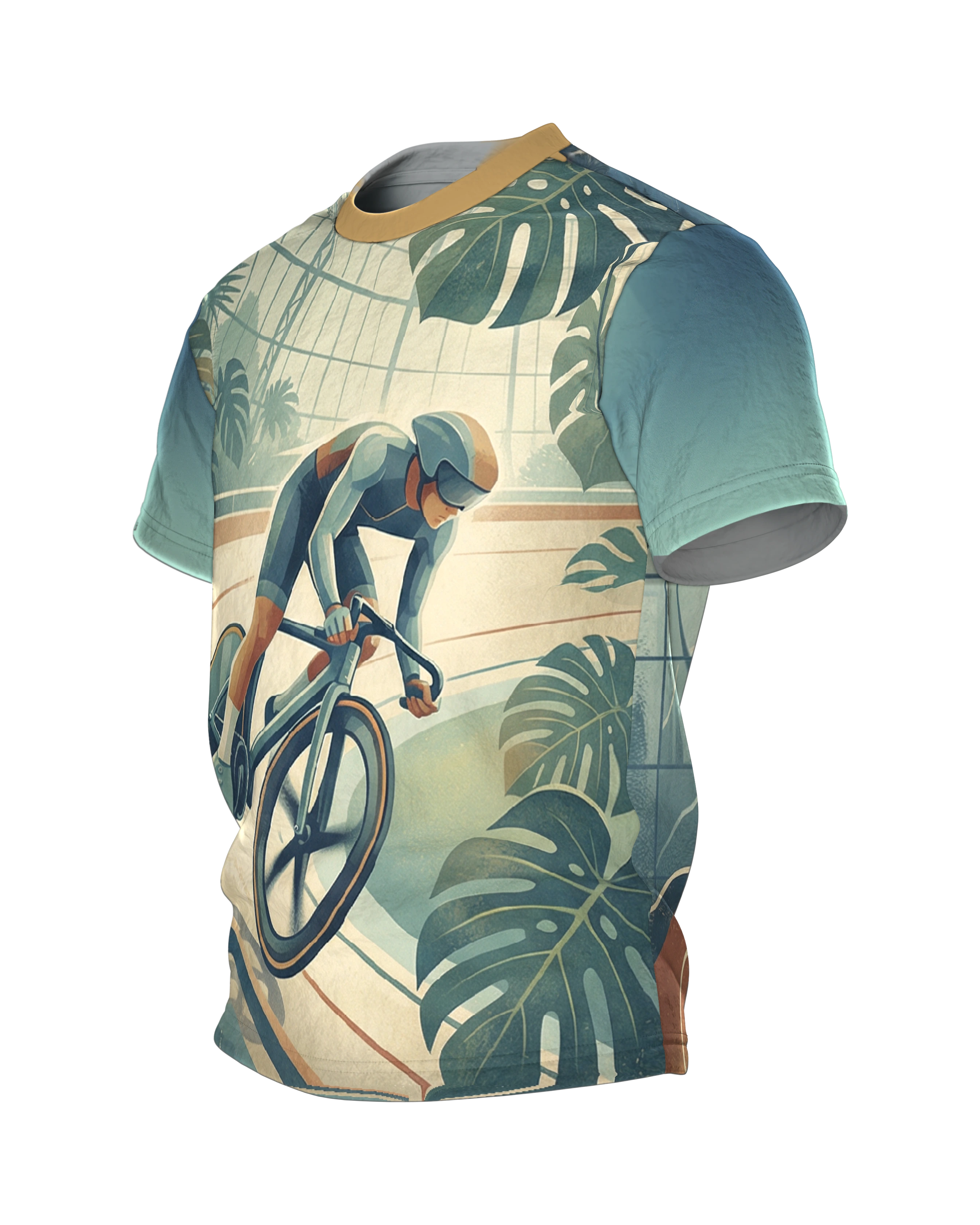 Bahnrad Velodrom T-Shirt mit Monstera-Glashaus, Steilkurve vorn und Kuppel-Panorama am Rücken, Seitenansicht rechts