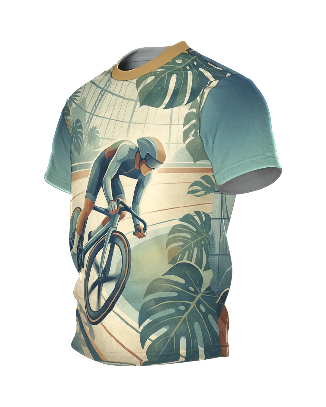 Bahnrad Velodrom T-Shirt mit Monstera-Glashaus, Steilkurve vorn und Kuppel-Panorama am Rücken, Seitenansicht rechts
