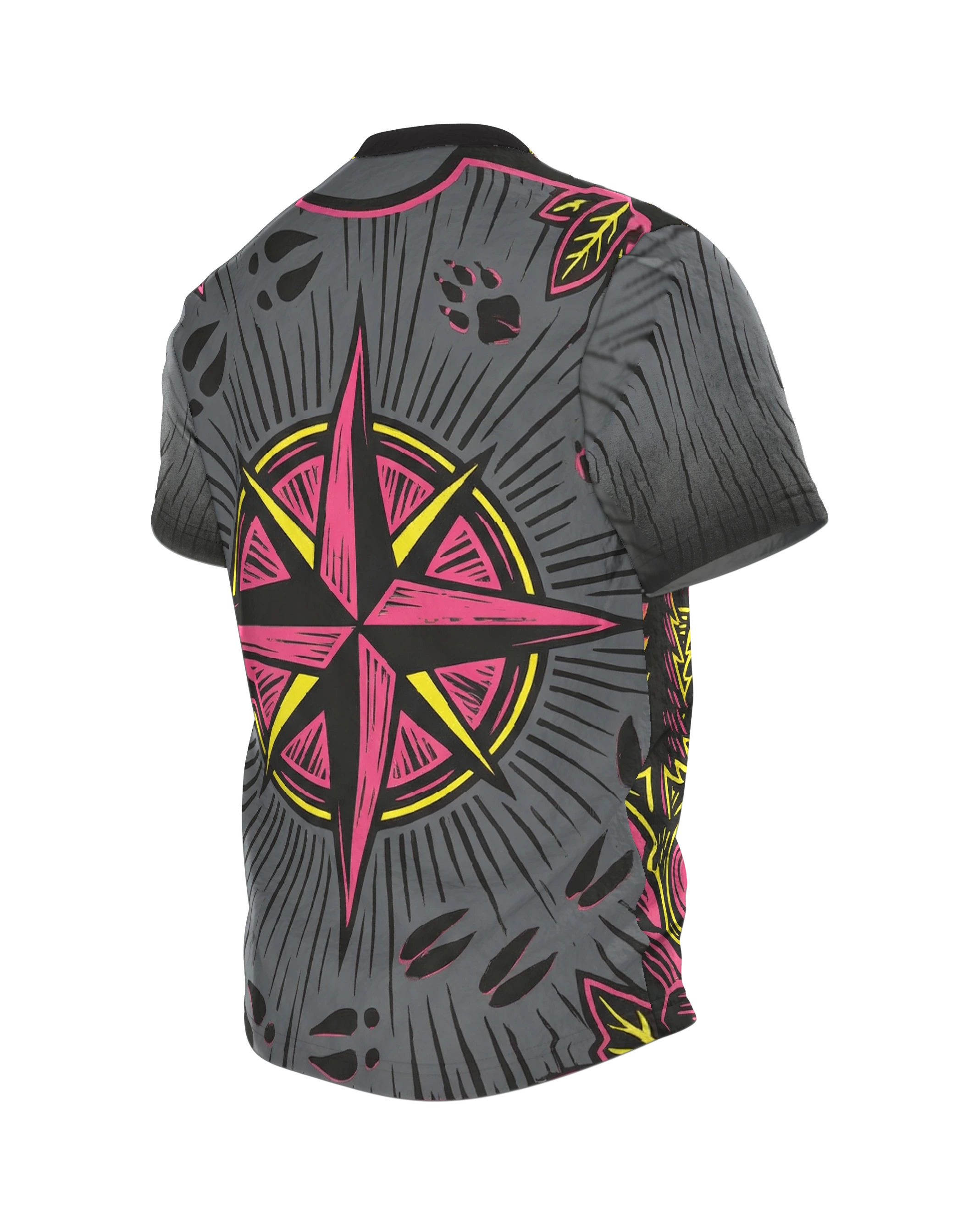 Neon Landschaft T-Shirt, Wanderpfad im Linolschnitt in Magenta Gelb mit Spuren-Rücken, Rückseite schräg links