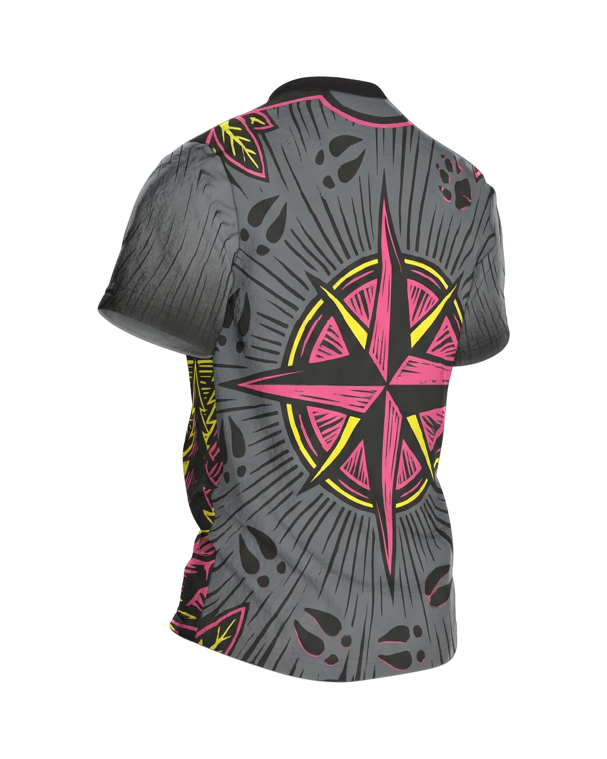 Neon Landschaft T-Shirt, Wanderpfad im Linolschnitt in Magenta Gelb mit Spuren-Rücken, Rückseite schräg rechts