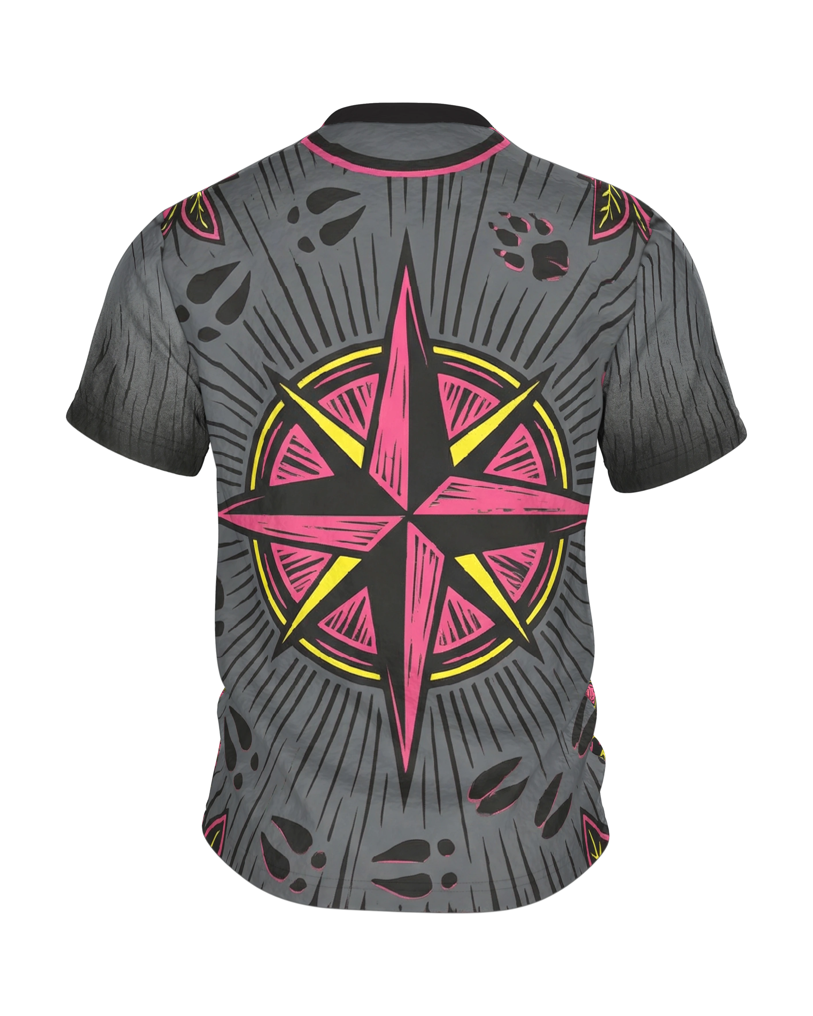 Neon Landschaft T-Shirt, Wanderpfad im Linolschnitt in Magenta Gelb mit Spuren-Rücken, Rückseite