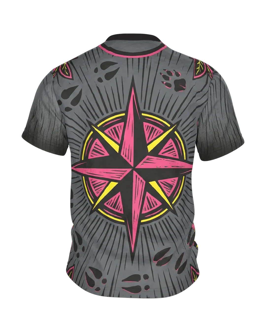 Neon Landschaft T-Shirt, Wanderpfad im Linolschnitt in Magenta Gelb mit Spuren-Rücken, Rückseite