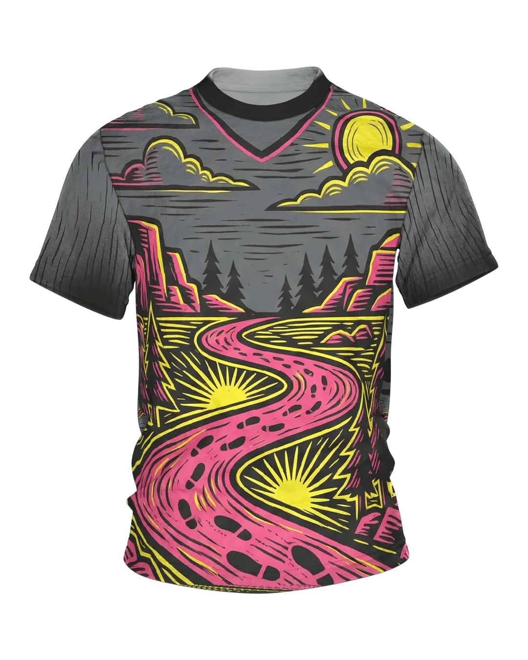 Neon Landschaft T-Shirt, Wanderpfad im Linolschnitt in Magenta Gelb mit Spuren-Rücken
