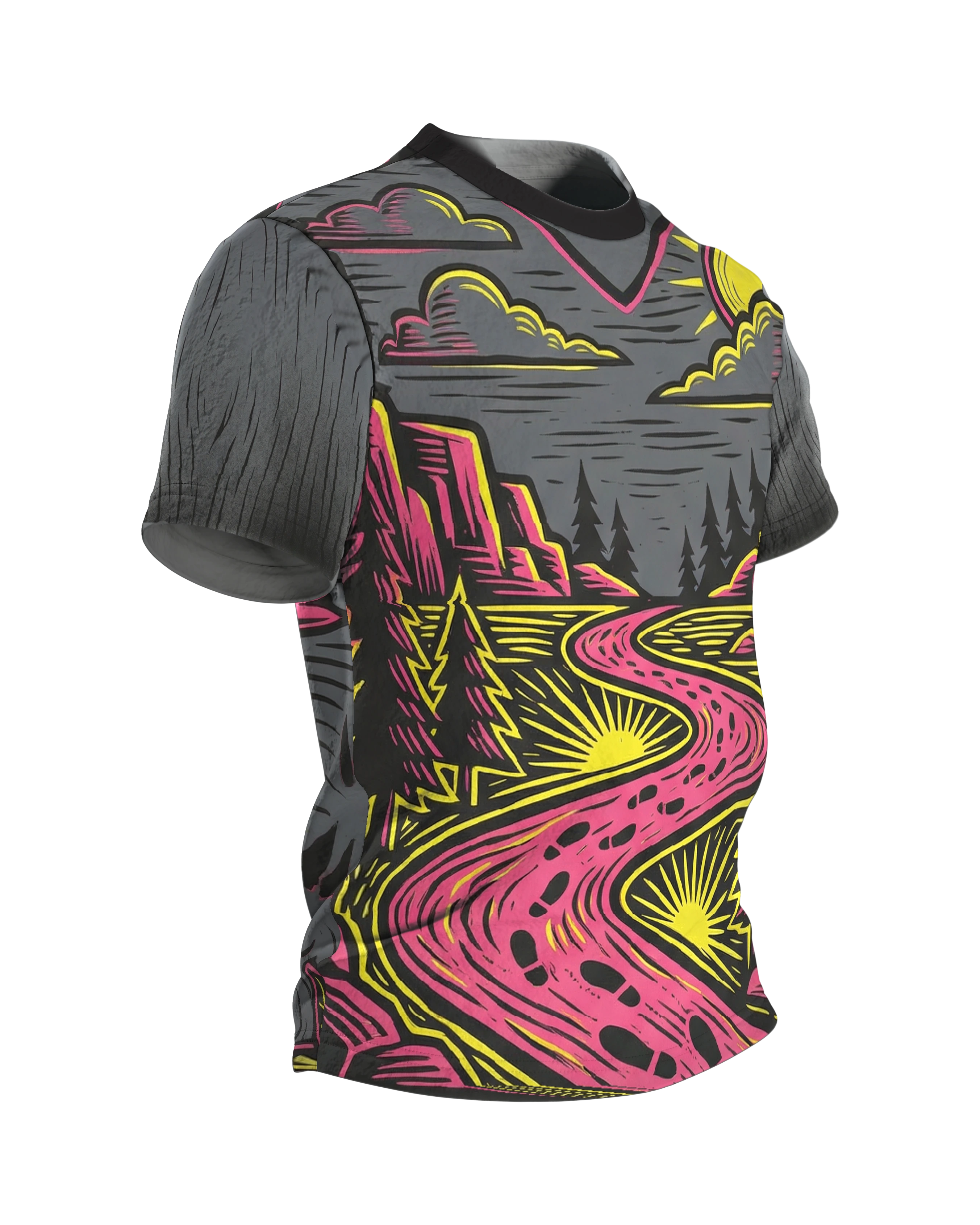 Neon Landschaft T-Shirt, Wanderpfad im Linolschnitt in Magenta Gelb mit Spuren-Rücken, Seitenansicht links