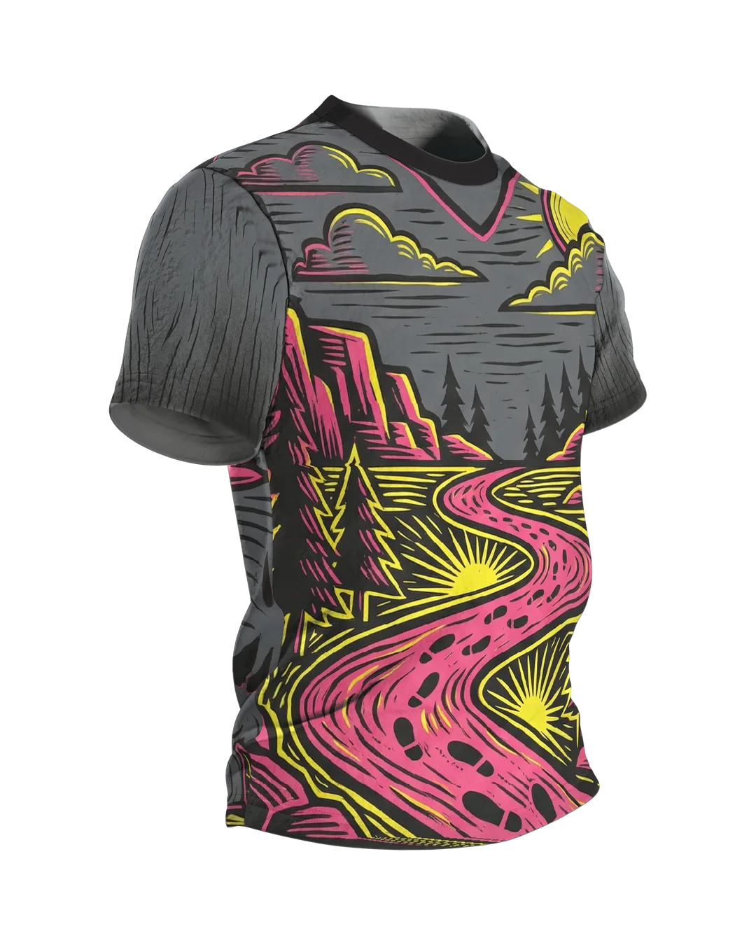 Neon Landschaft T-Shirt, Wanderpfad im Linolschnitt in Magenta Gelb mit Spuren-Rücken, Seitenansicht links