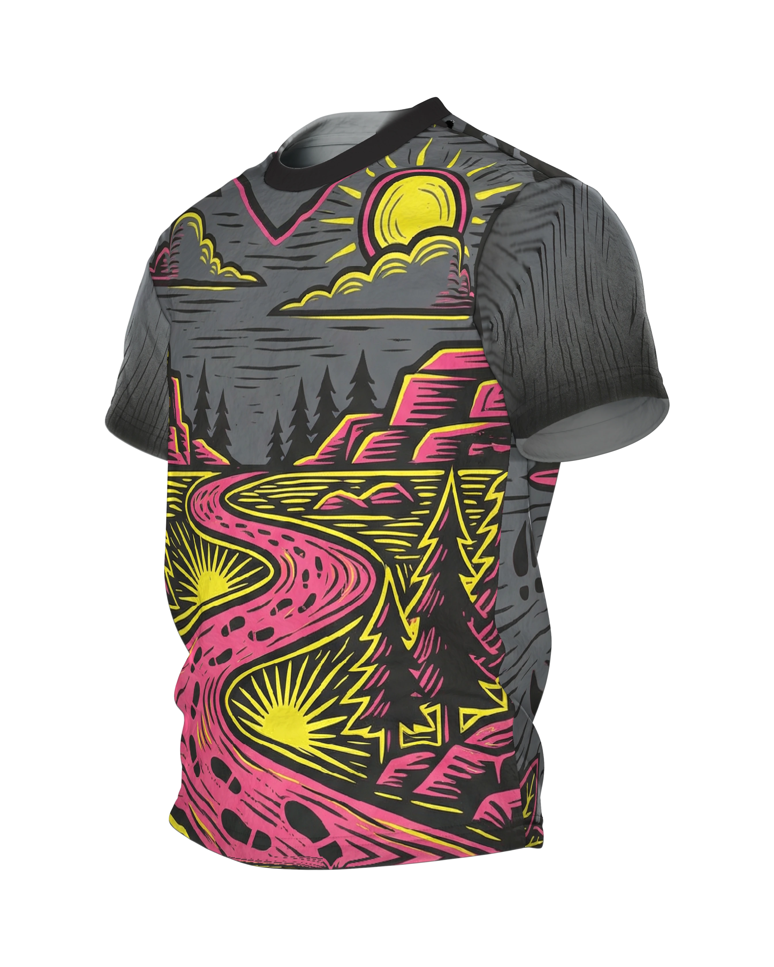 Neon Landschaft T-Shirt, Wanderpfad im Linolschnitt in Magenta Gelb mit Spuren-Rücken, Seitenansicht rechts