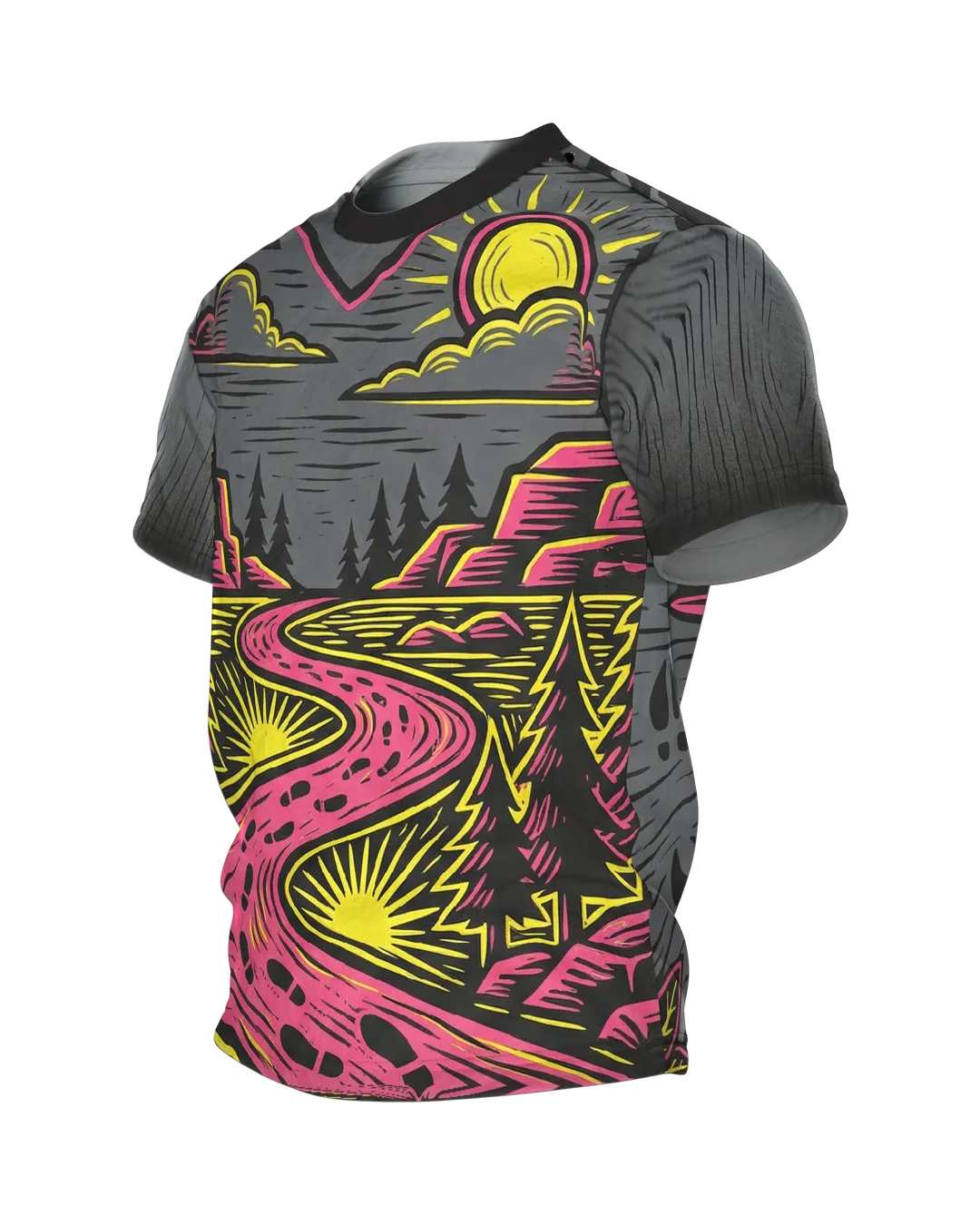 Neon Landschaft T-Shirt, Wanderpfad im Linolschnitt in Magenta Gelb mit Spuren-Rücken, Seitenansicht rechts