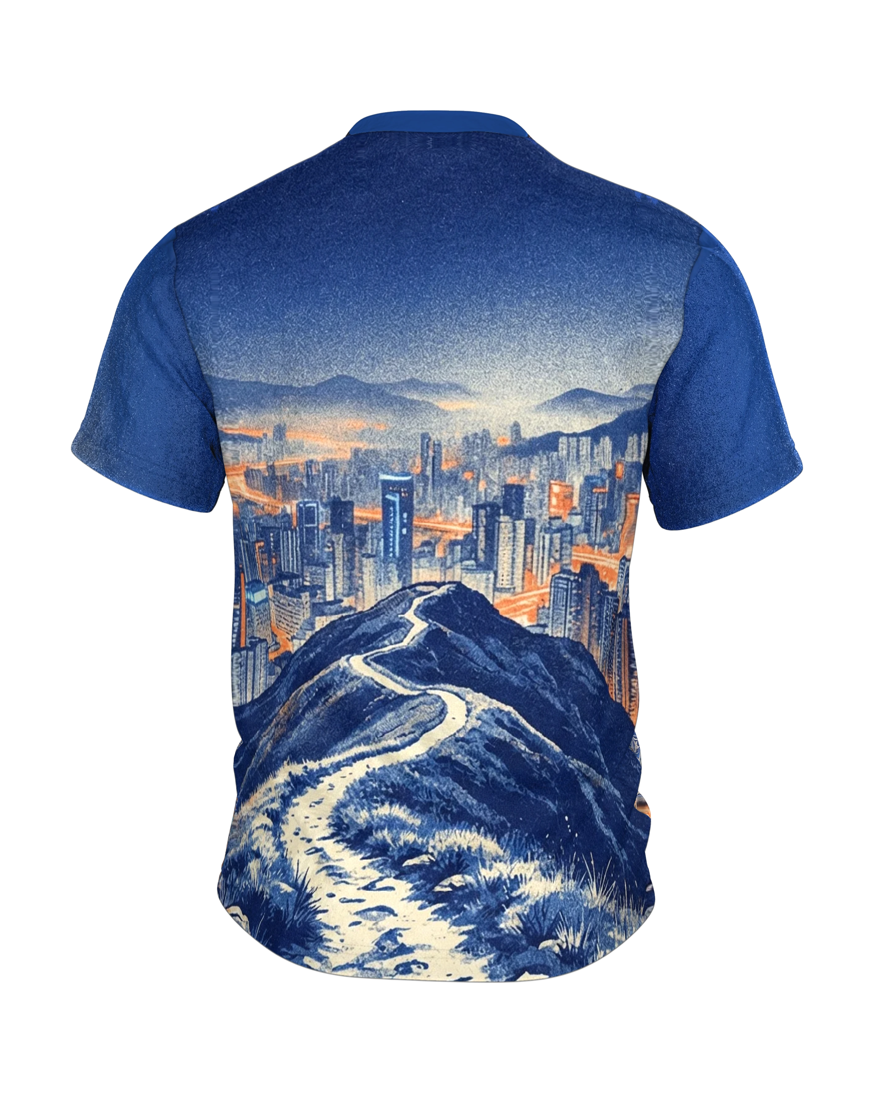 Laufschuh T-Shirt, Trail-Schuhe über der Stadt mit Gratpfad-Panorama am Rücken, Rückseite