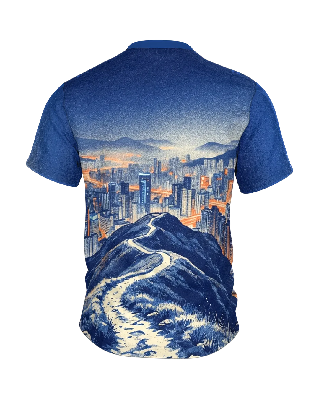 Laufschuh T-Shirt, Trail-Schuhe über der Stadt mit Gratpfad-Panorama am Rücken, Rückseite