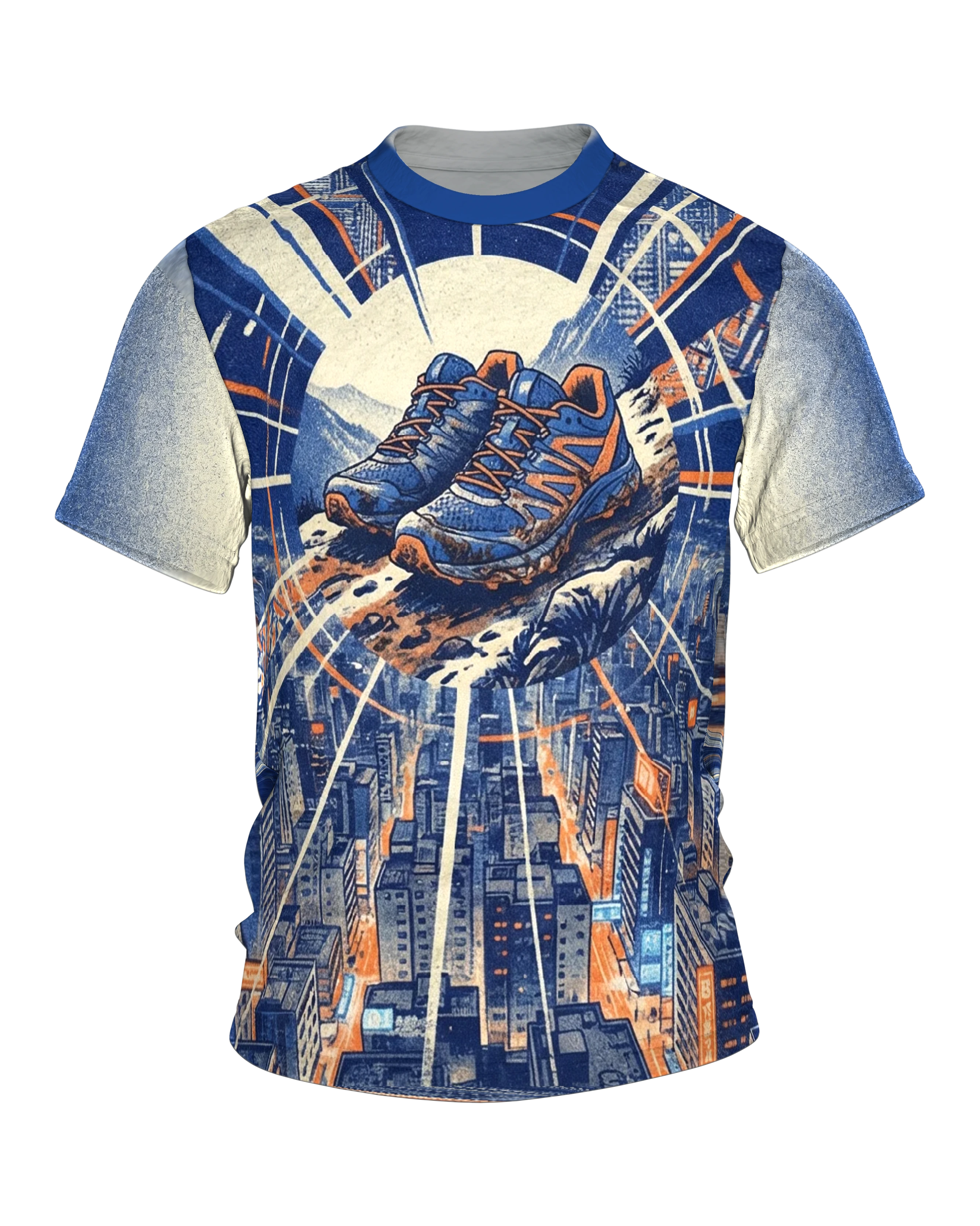 Laufschuh T-Shirt, Trail-Schuhe über der Stadt mit Gratpfad-Panorama am Rücken