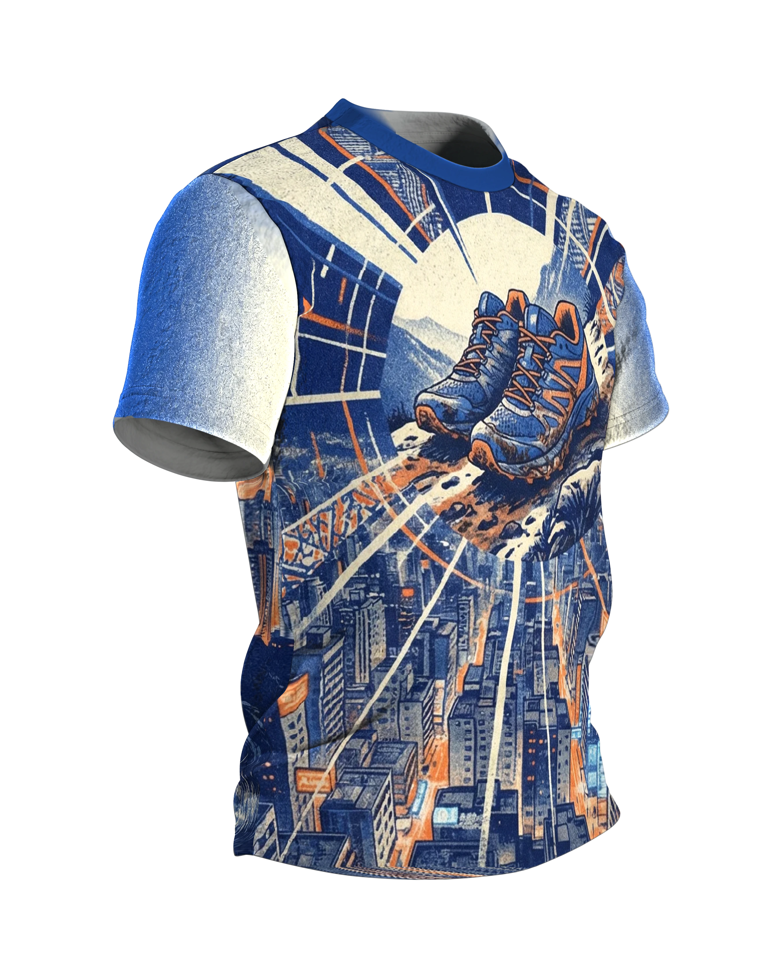 Laufschuh T-Shirt, Trail-Schuhe über der Stadt mit Gratpfad-Panorama am Rücken, Seitenansicht links