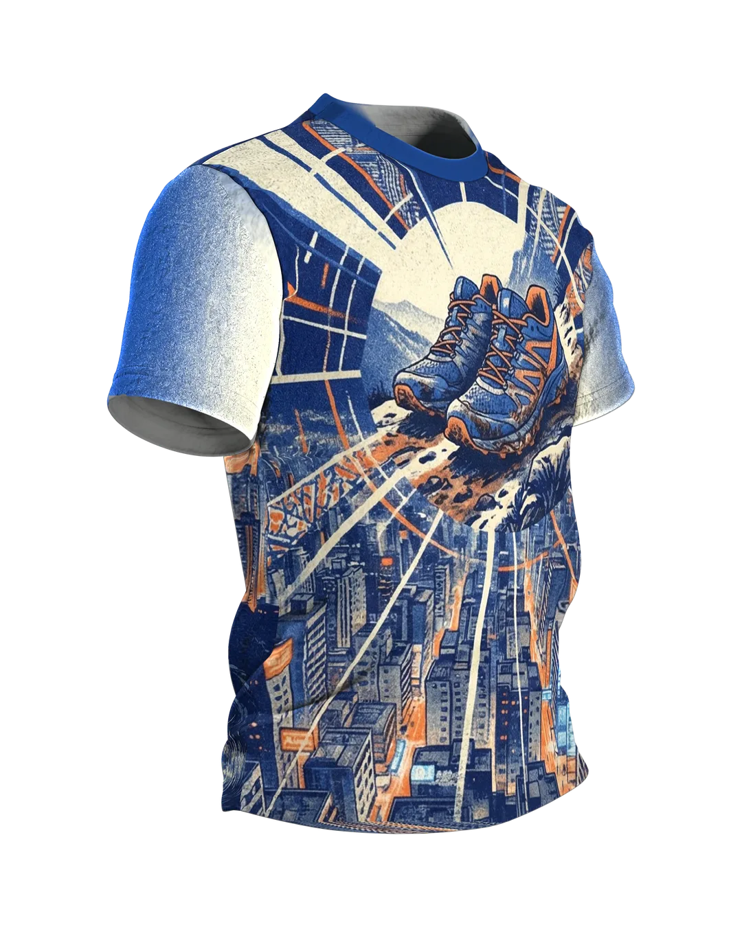 Laufschuh T-Shirt, Trail-Schuhe über der Stadt mit Gratpfad-Panorama am Rücken, Seitenansicht links