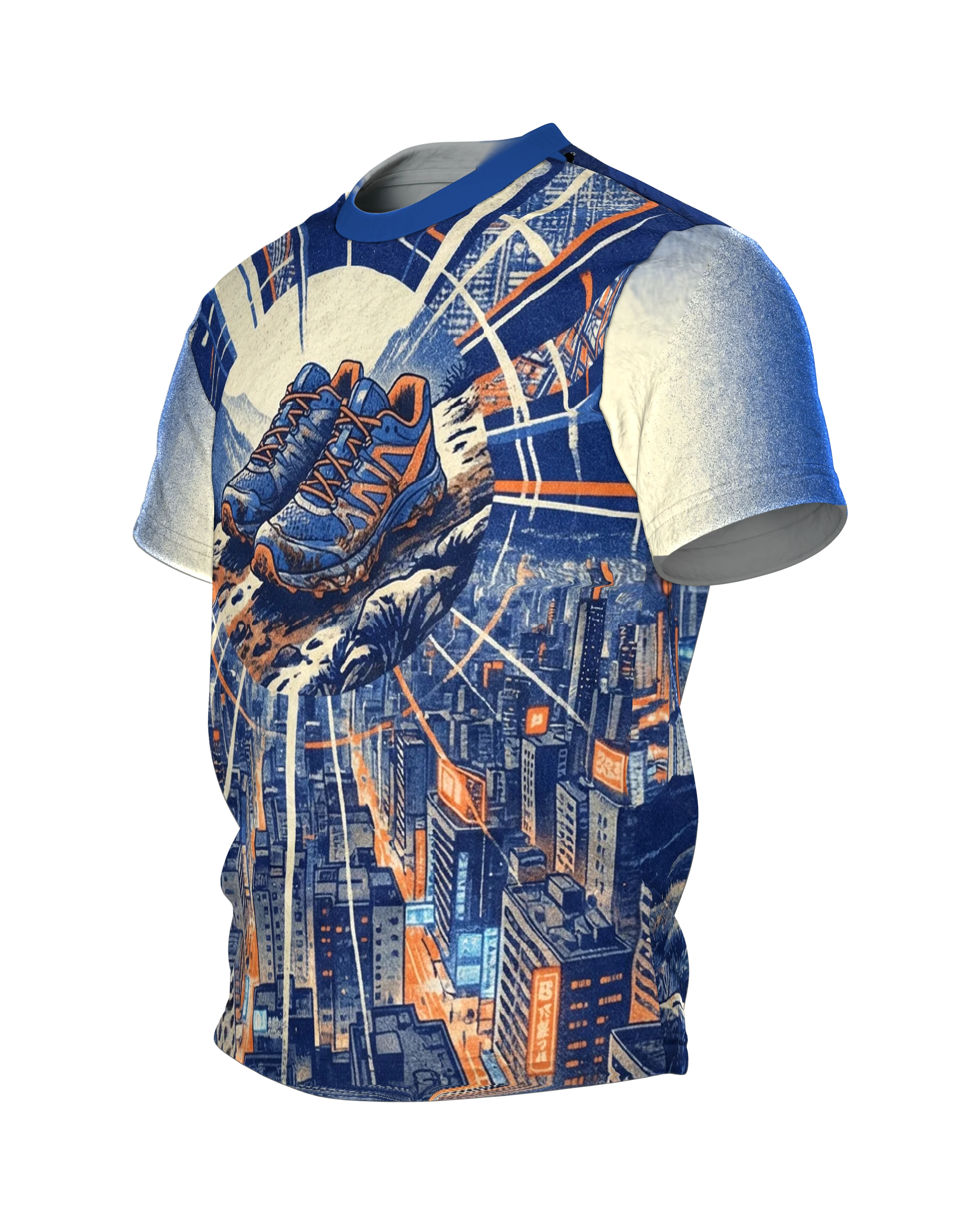 Laufschuh T-Shirt, Trail-Schuhe über der Stadt mit Gratpfad-Panorama am Rücken, Seitenansicht rechts
