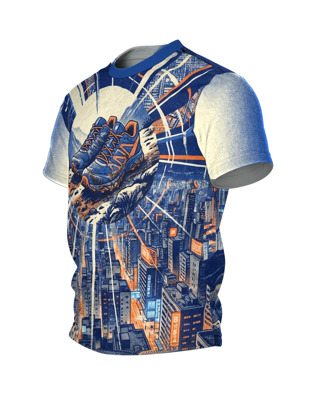 Laufschuh T-Shirt, Trail-Schuhe über der Stadt mit Gratpfad-Panorama am Rücken, Seitenansicht rechts