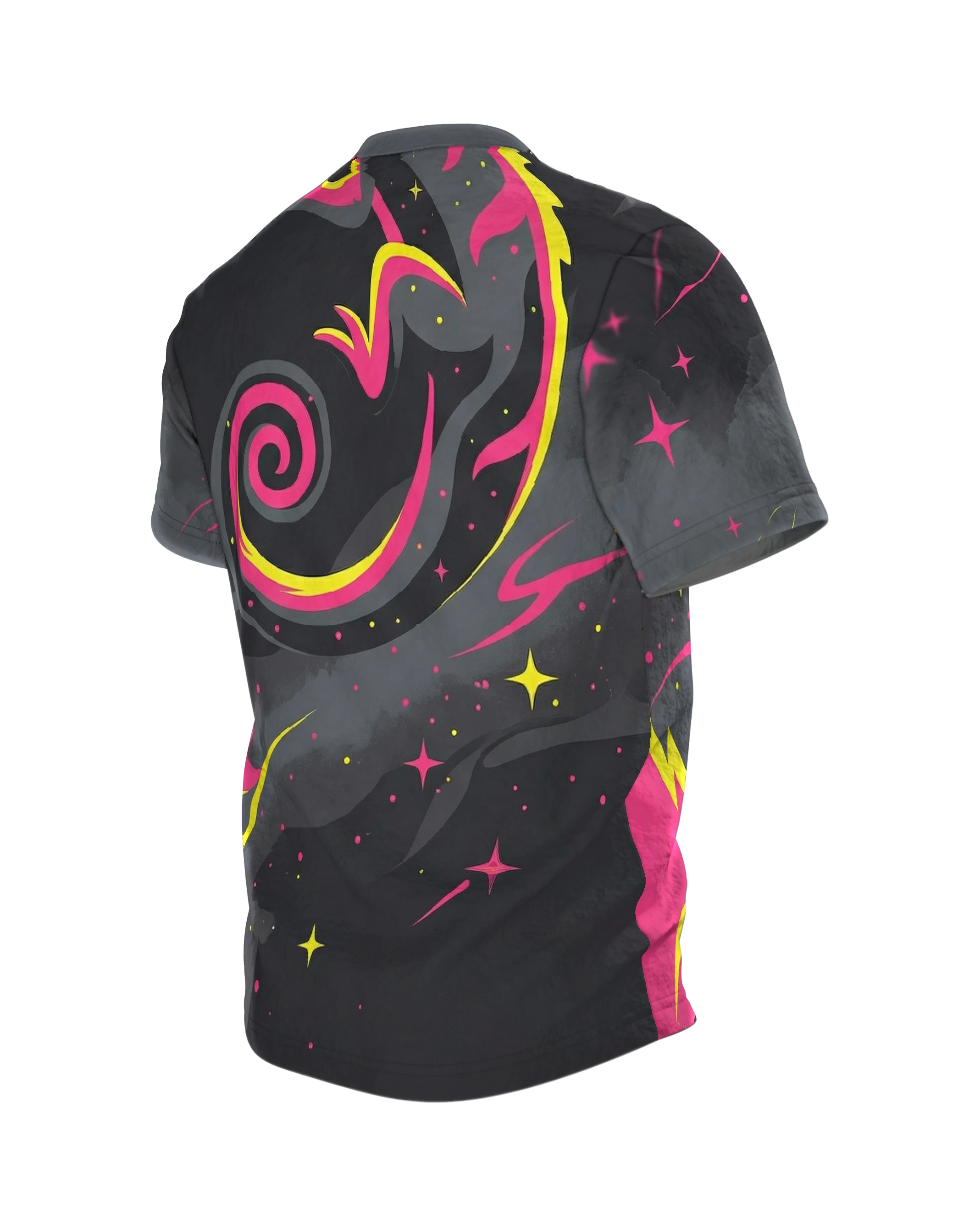 Cosmic Chamäleon T-Shirt, halb getarntes Neon-Reptil mit Spiralschwanz-Rücken, Rückseite schräg links