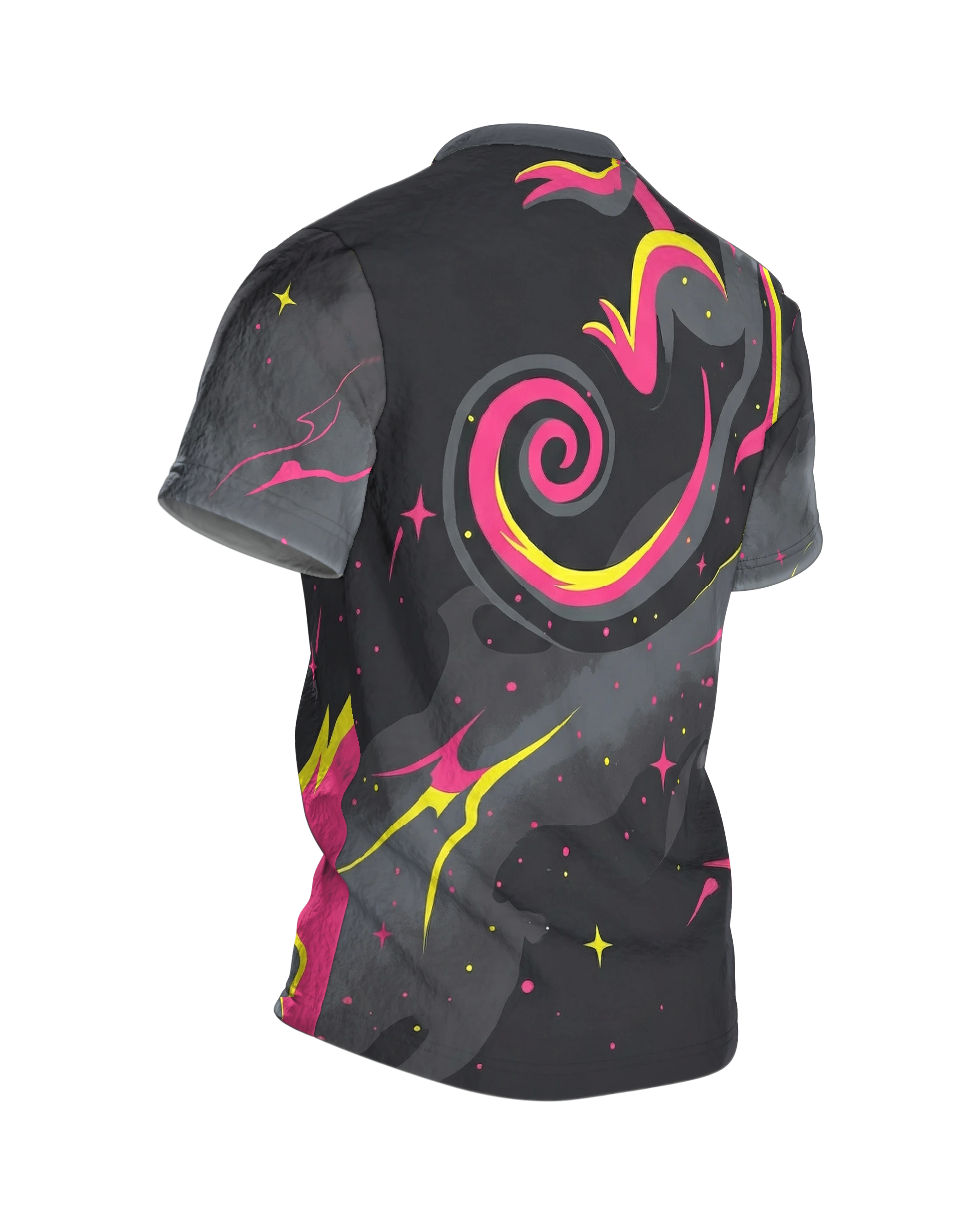Cosmic Chamäleon T-Shirt, halb getarntes Neon-Reptil mit Spiralschwanz-Rücken, Rückseite schräg rechts