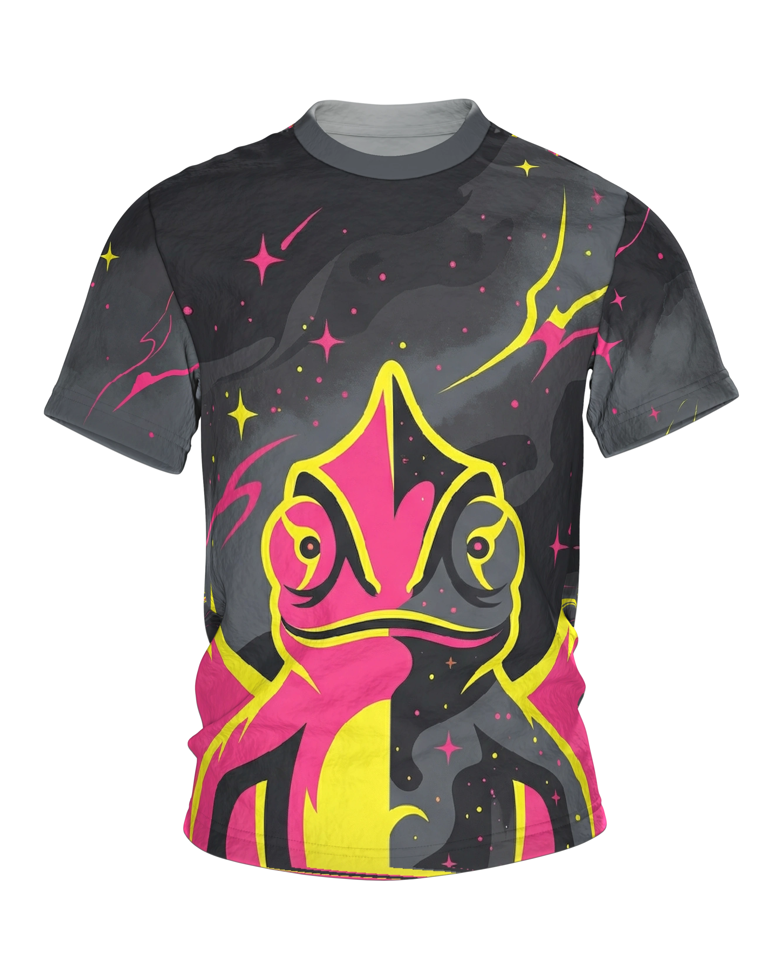 Cosmic Chamäleon T-Shirt, halb getarntes Neon-Reptil mit Spiralschwanz-Rücken