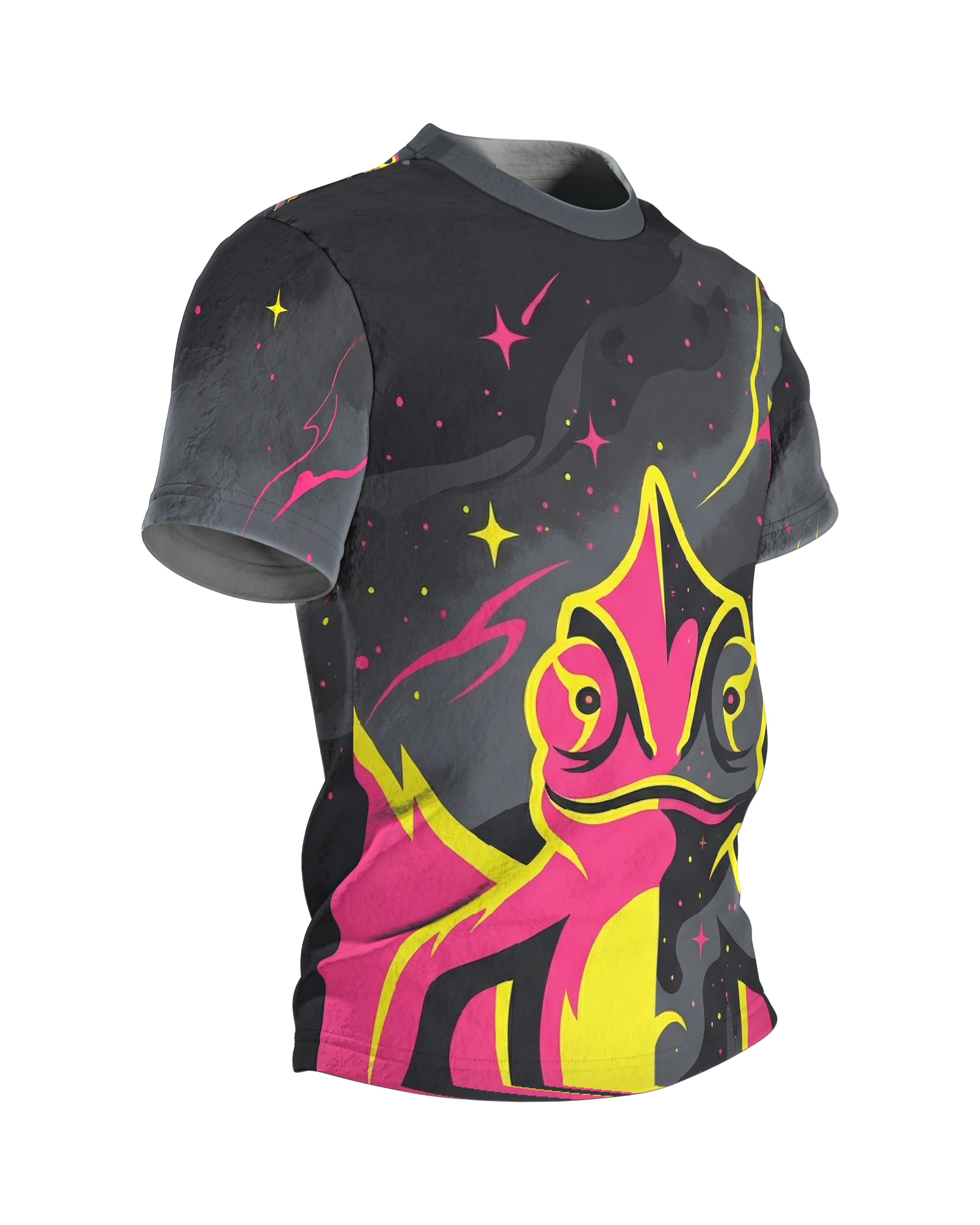 Cosmic Chamäleon T-Shirt, halb getarntes Neon-Reptil mit Spiralschwanz-Rücken, Seitenansicht links