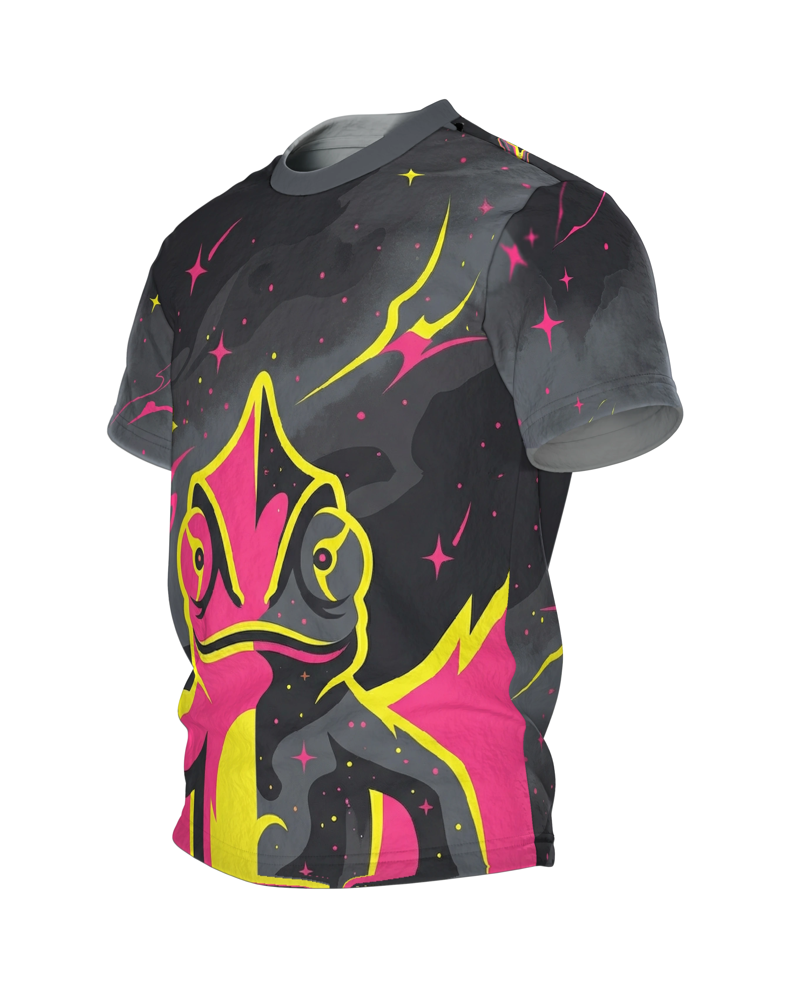 Cosmic Chamäleon T-Shirt, halb getarntes Neon-Reptil mit Spiralschwanz-Rücken, Seitenansicht rechts