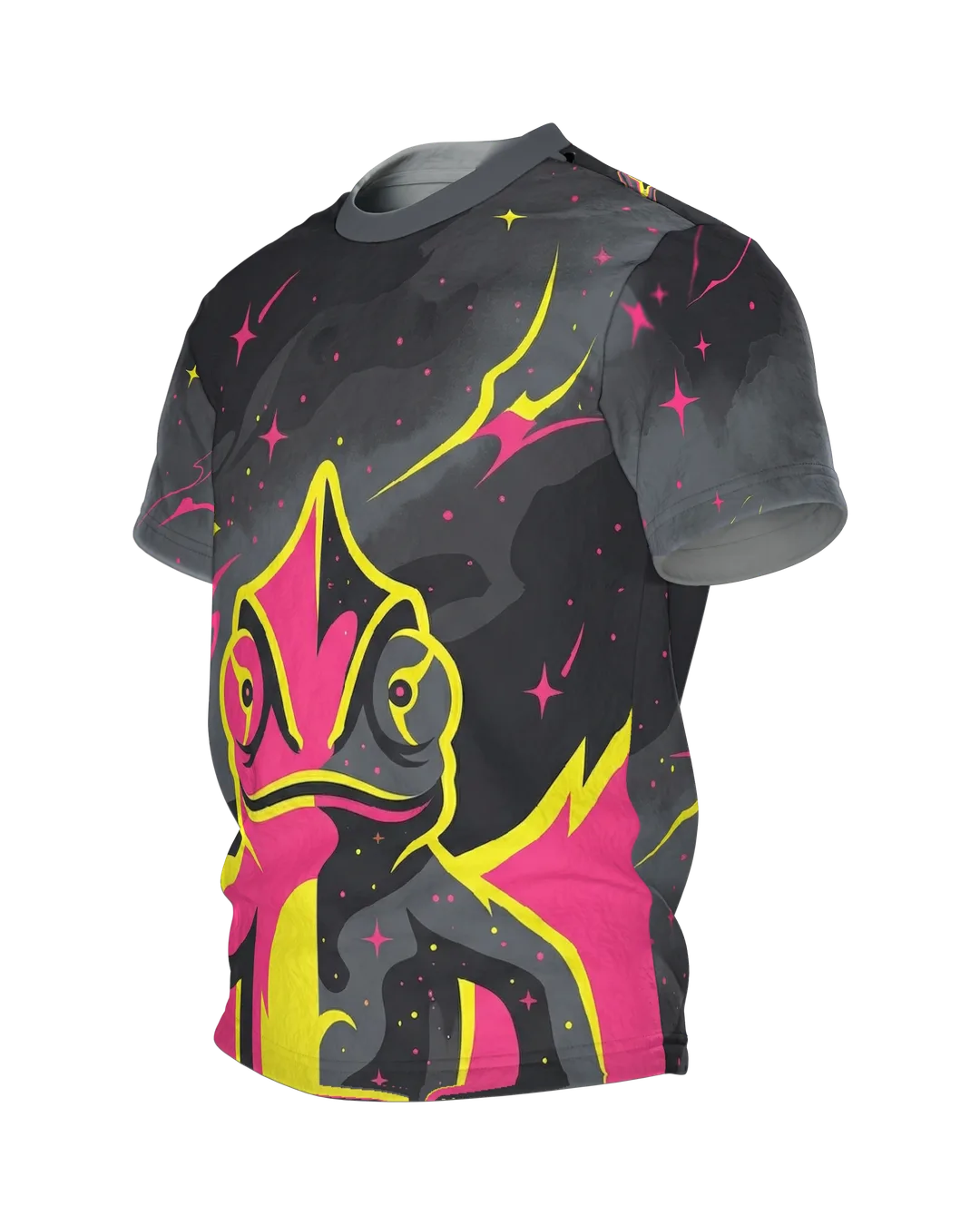 Cosmic Chamäleon T-Shirt, halb getarntes Neon-Reptil mit Spiralschwanz-Rücken, Seitenansicht rechts