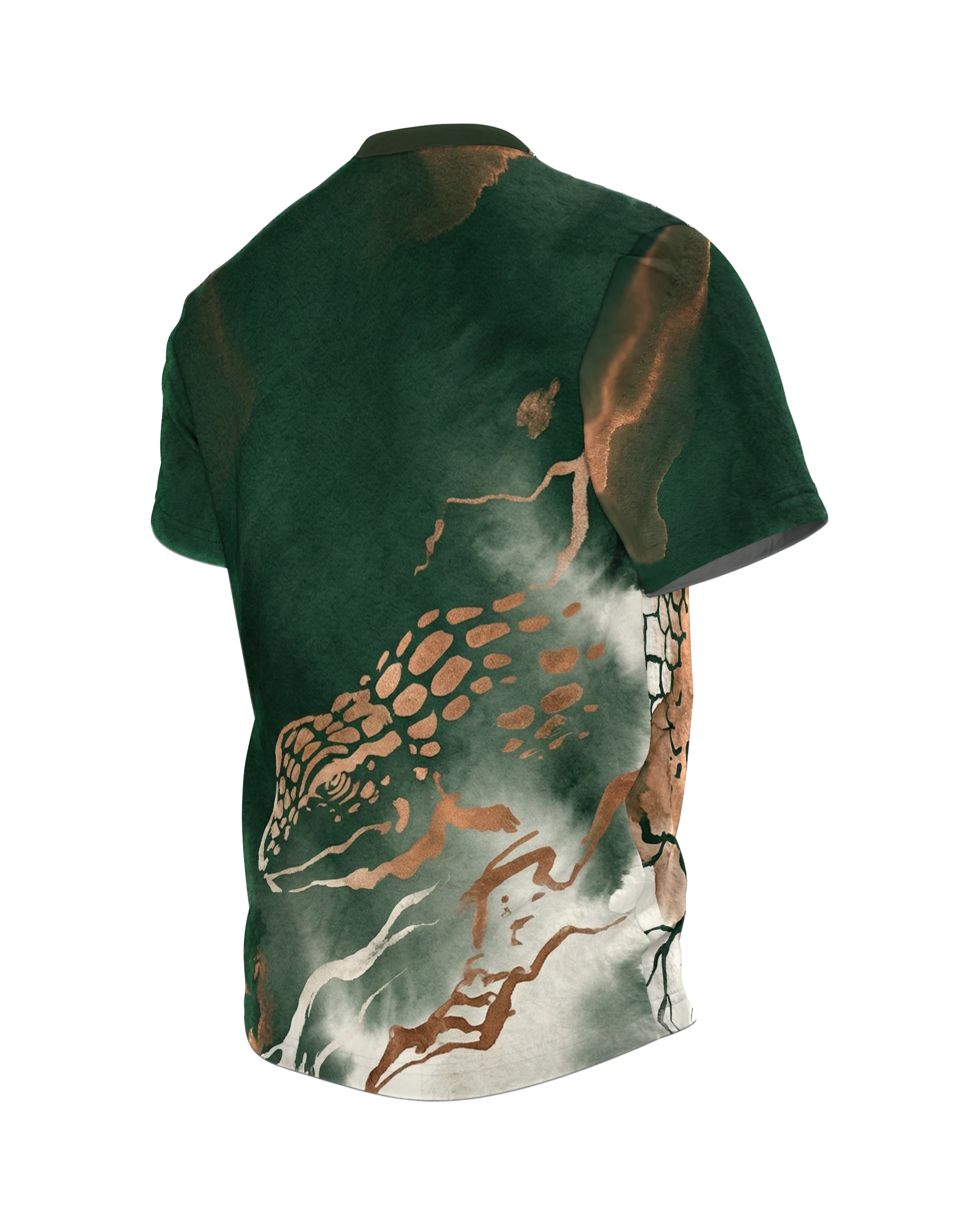 Reptilien Aquarell T-Shirt: Gecko und Chamäleon in Grün und Kupfer, Rückseite schräg links