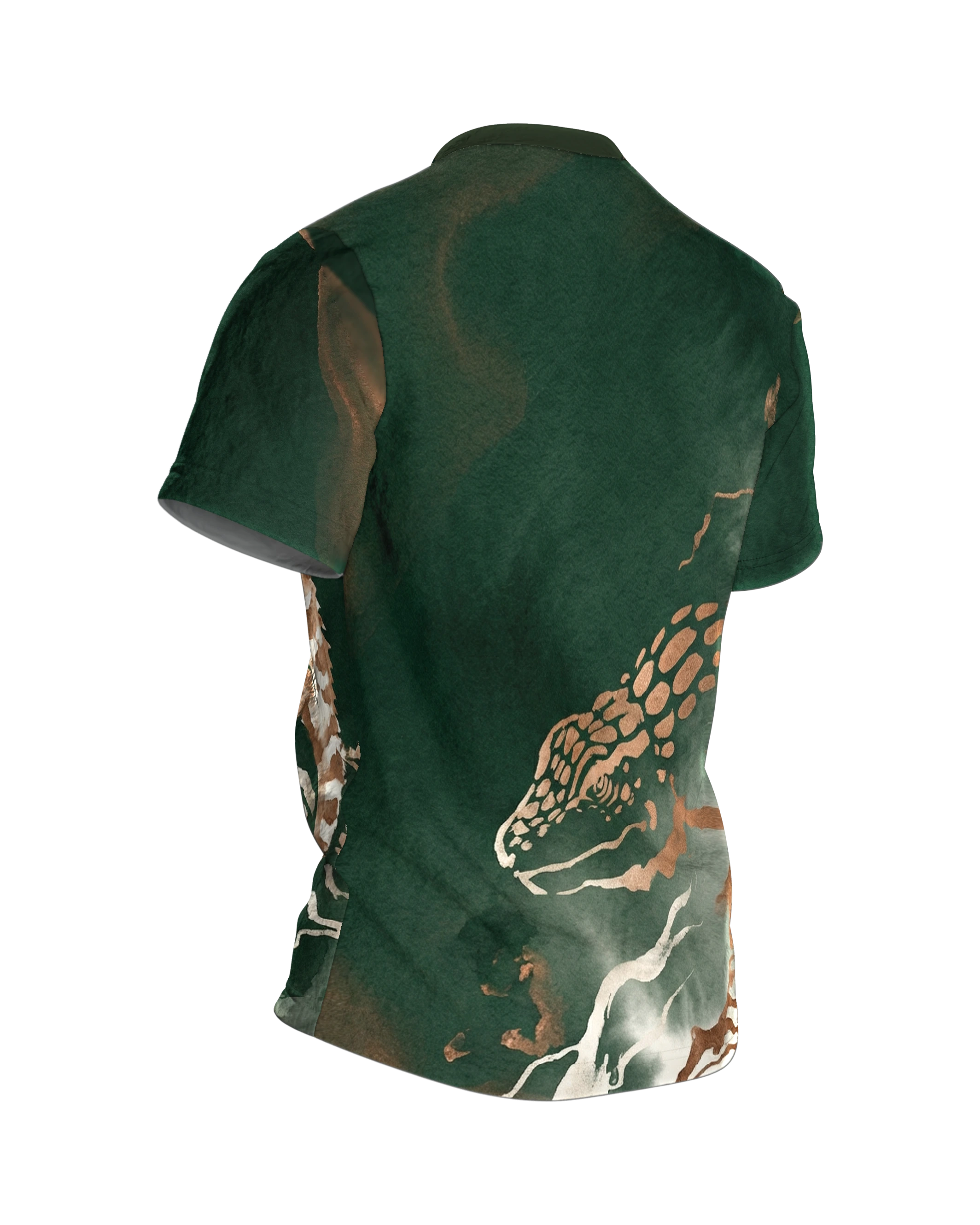 Reptilien Aquarell T-Shirt: Gecko und Chamäleon in Grün und Kupfer, Rückseite schräg rechts