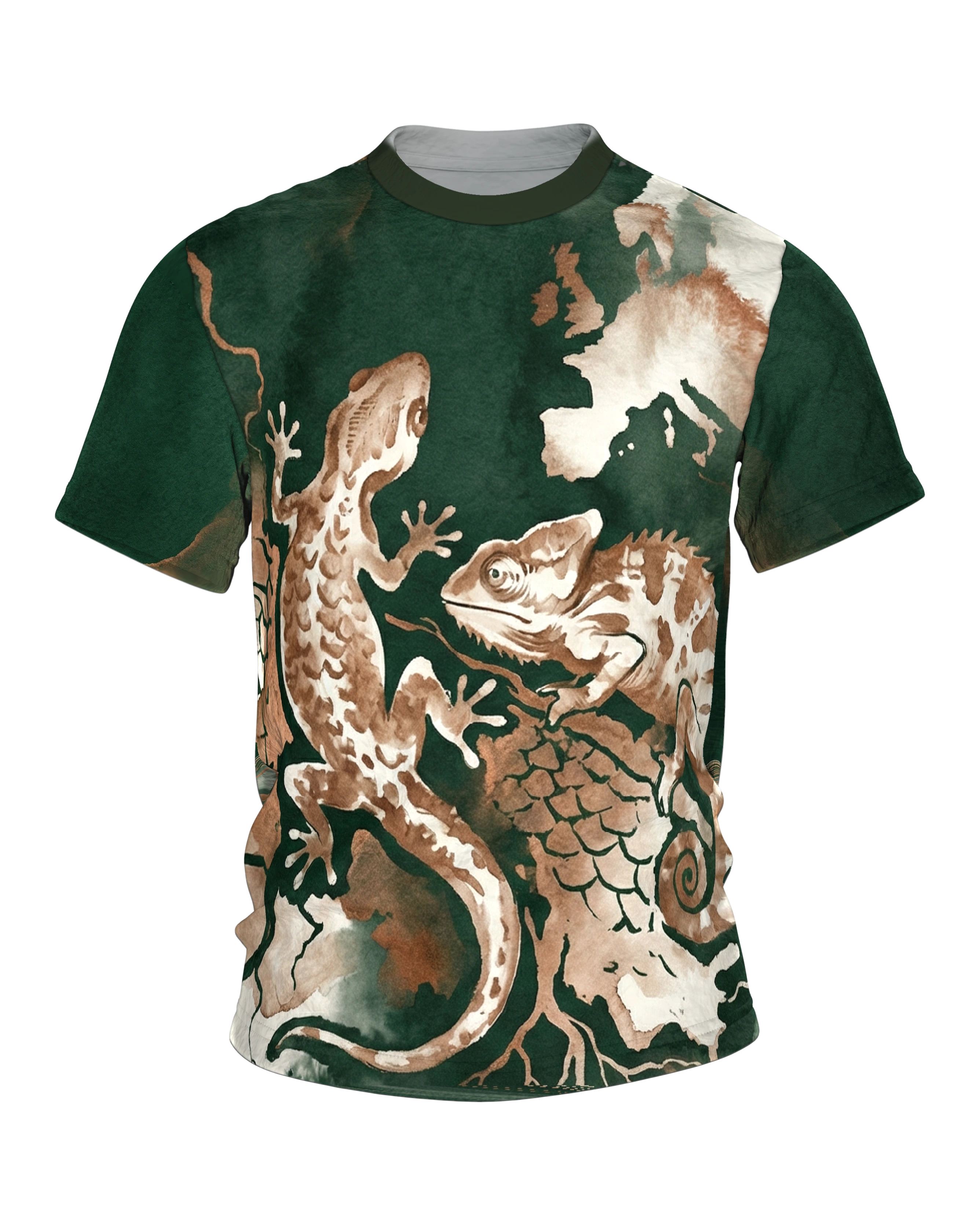 Reptilien Aquarell T-Shirt: Gecko und Chamäleon in Grün und Kupfer