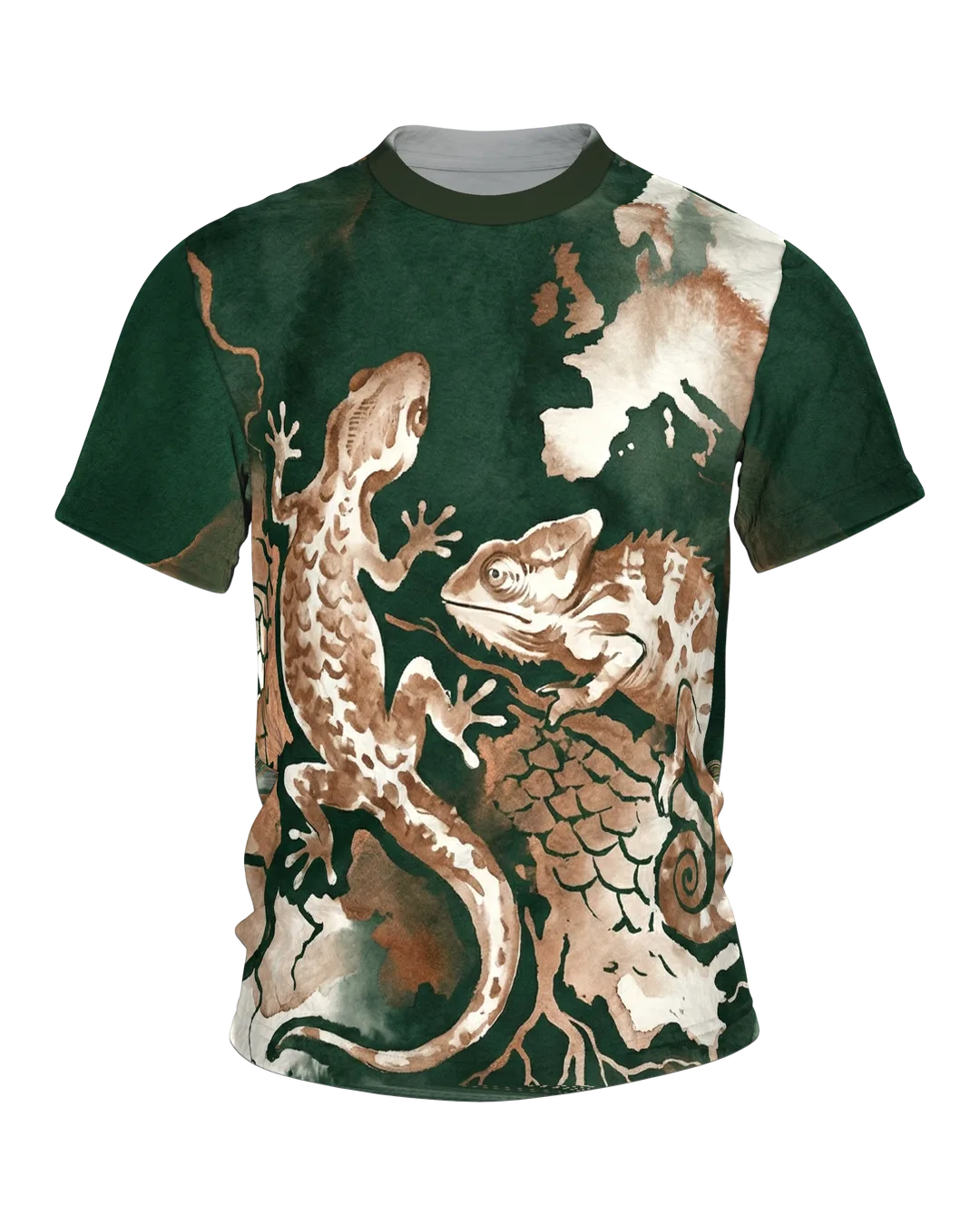 Reptilien Aquarell T-Shirt: Gecko und Chamäleon in Grün und Kupfer