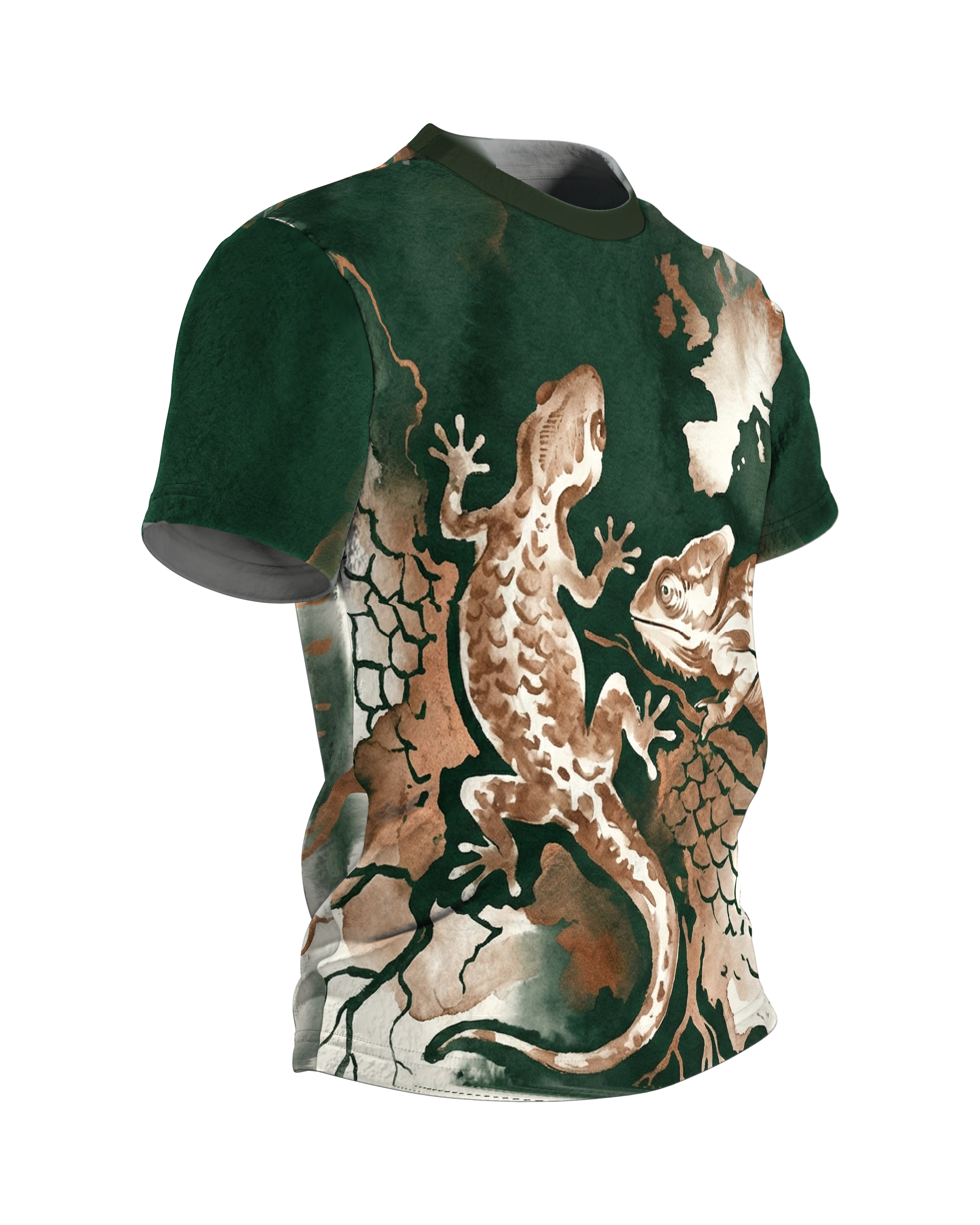 Reptilien Aquarell T-Shirt: Gecko und Chamäleon in Grün und Kupfer, Seitenansicht links