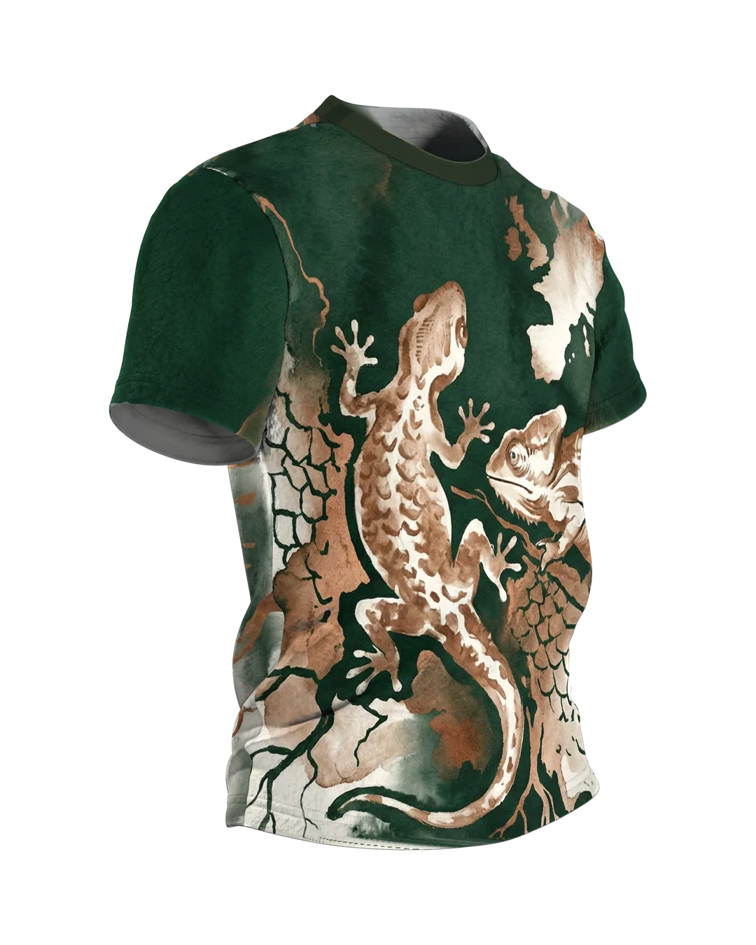 Reptilien Aquarell T-Shirt: Gecko und Chamäleon in Grün und Kupfer, Seitenansicht links