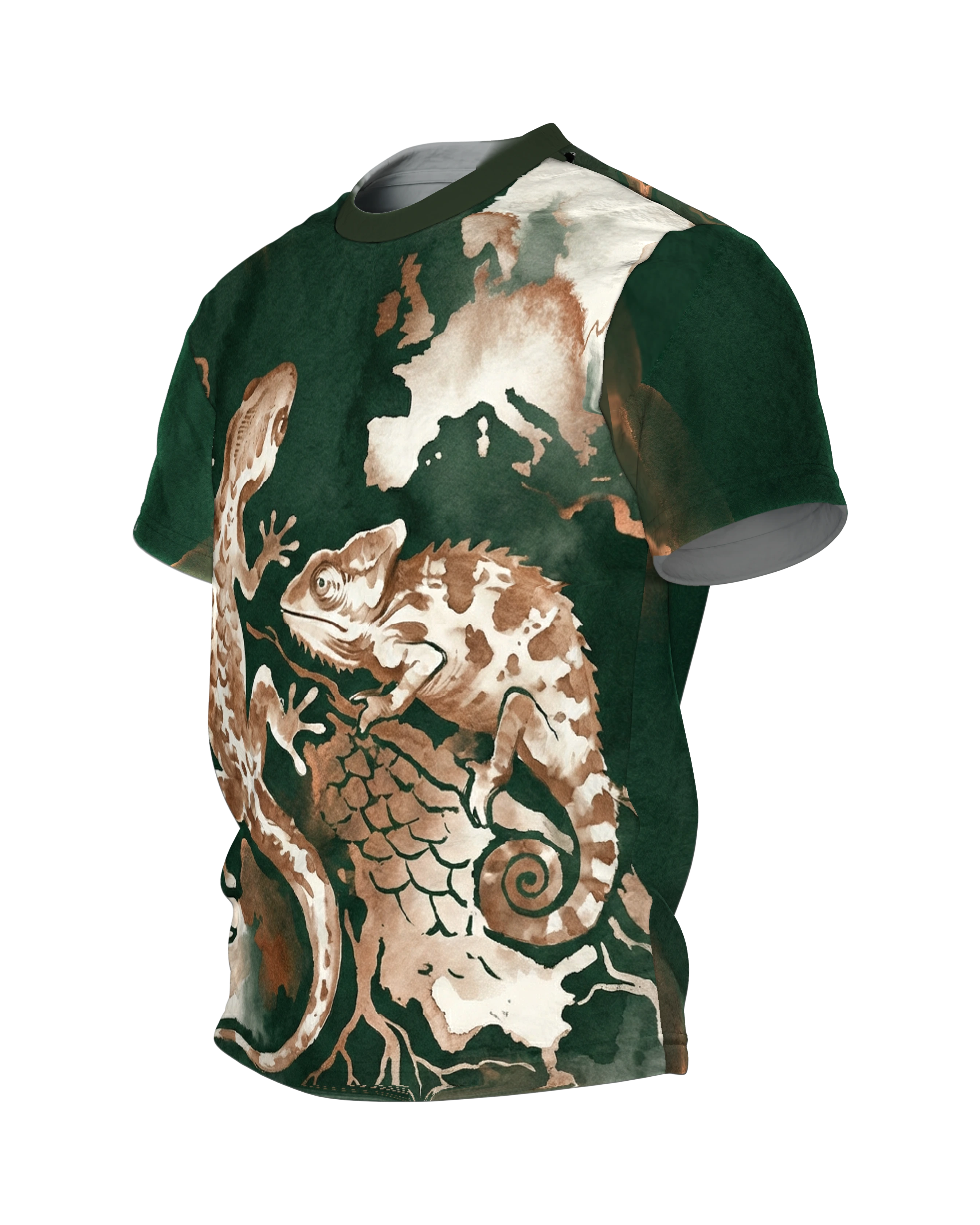 Reptilien Aquarell T-Shirt: Gecko und Chamäleon in Grün und Kupfer, Seitenansicht rechts