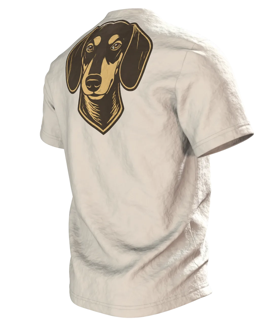 Hunde Spruch T-Shirt: „Ich brauche keinen Therapeuten, ich habe einen Hund“, Dackel im Retro-Schriftbild, hinten Dackelkopf, Rückseite schräg links