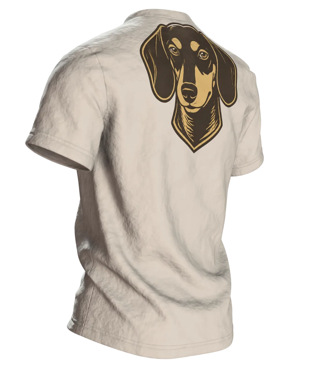 Hunde Spruch T-Shirt: „Ich brauche keinen Therapeuten, ich habe einen Hund“, Dackel im Retro-Schriftbild, hinten Dackelkopf, Rückseite schräg rechts