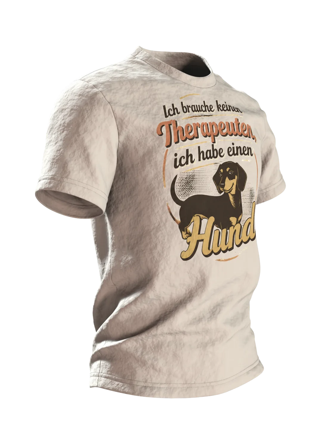 Hunde Spruch T-Shirt: „Ich brauche keinen Therapeuten, ich habe einen Hund“, Dackel im Retro-Schriftbild, hinten Dackelkopf, Seitenansicht links