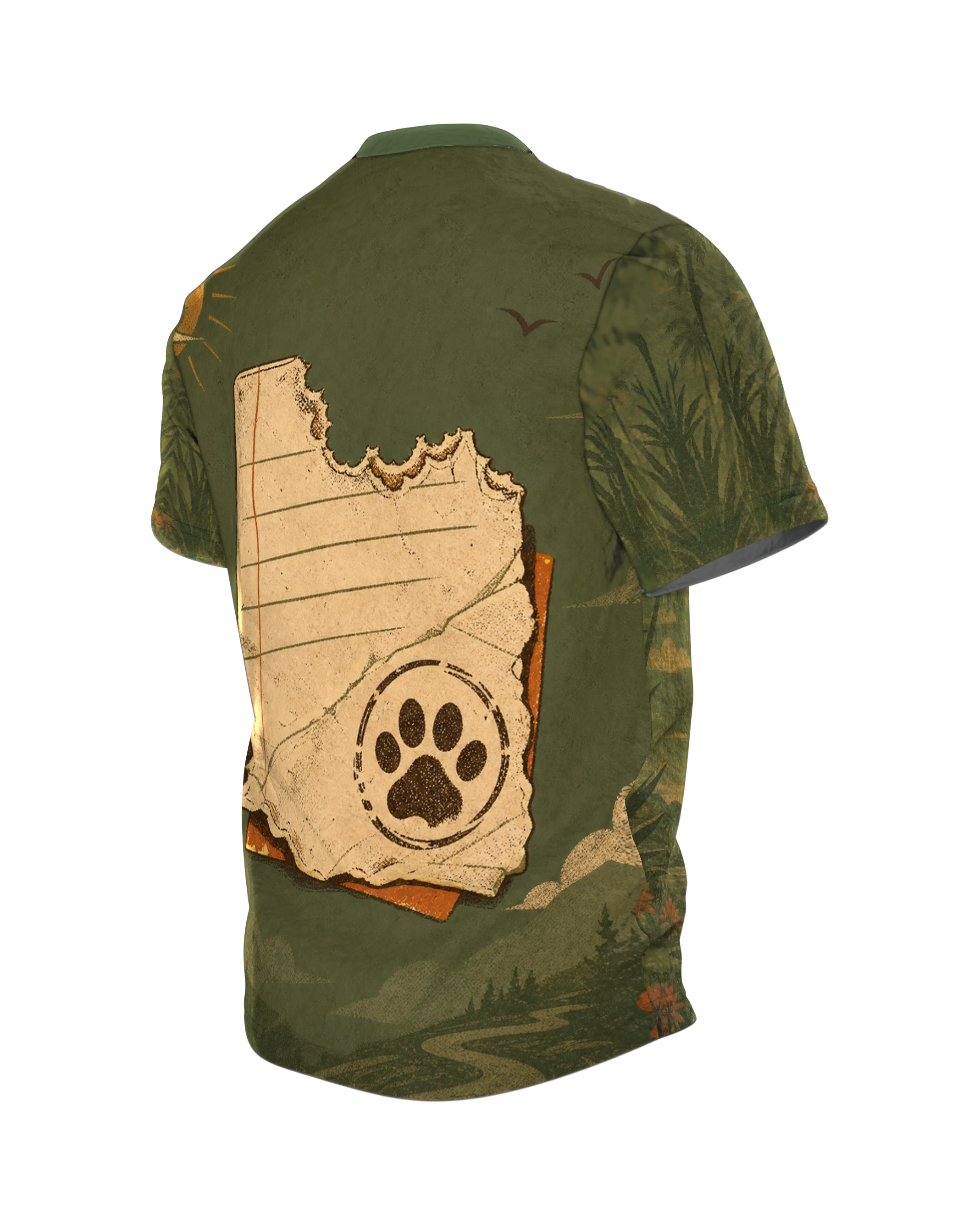 Dackel Spruch T-Shirt: „Ich brauche keinen Therapeuten, ich habe einen Hund“, Retro-Sonne mit Palmen, rundum bedruckt, Rückseite schräg links