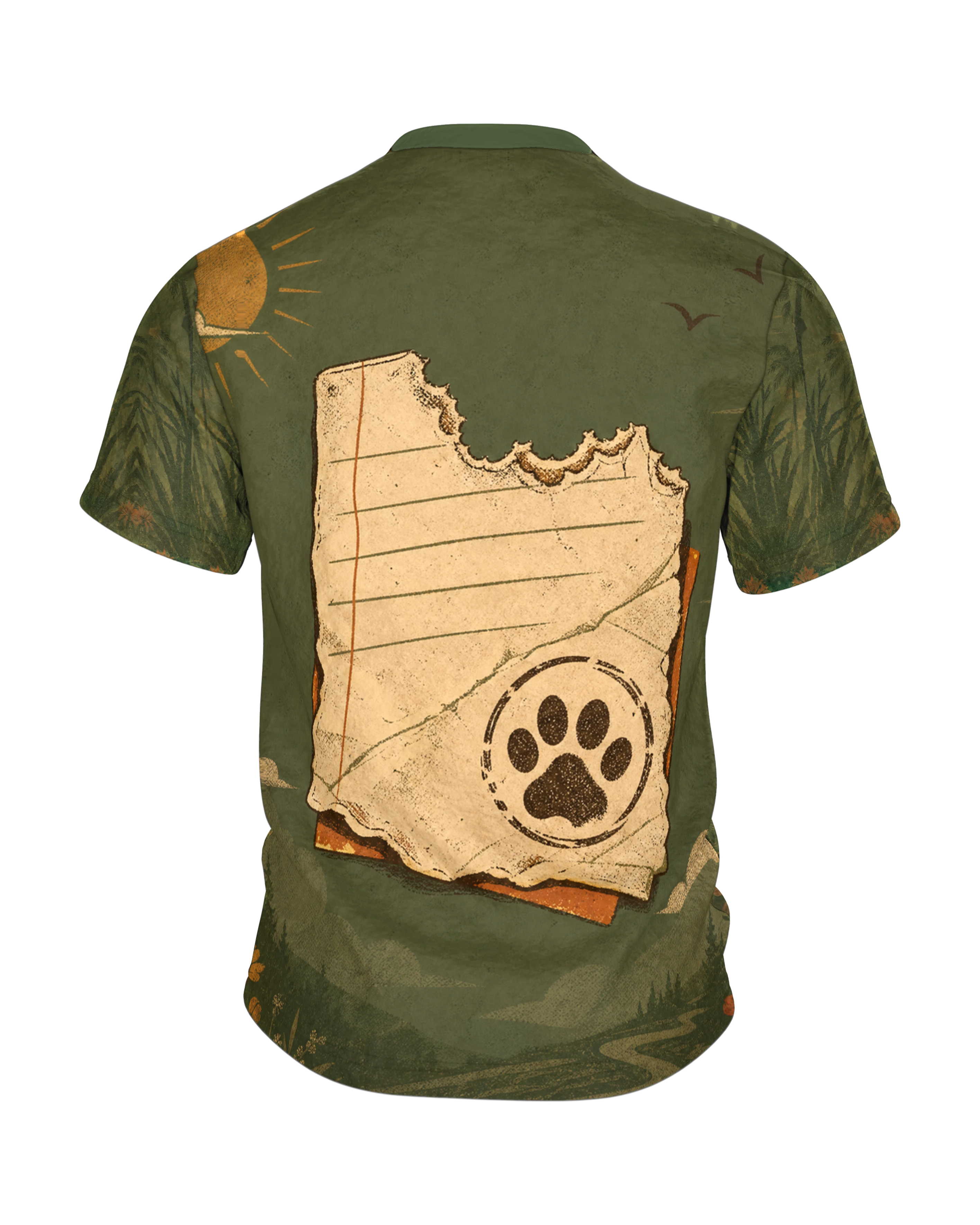 Dackel Spruch T-Shirt: „Ich brauche keinen Therapeuten, ich habe einen Hund“, Retro-Sonne mit Palmen, rundum bedruckt, Rückseite