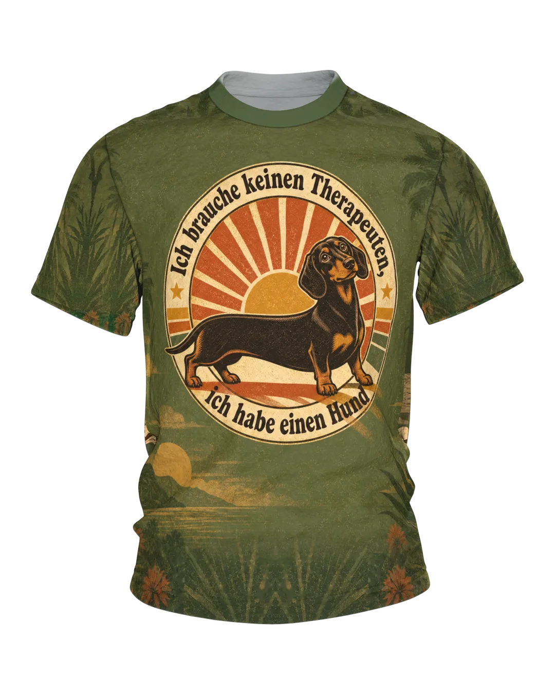 Dachshund Quote T-Shirt: "I don't need a therapist, I have a dog", retro sun with palm trees, all-over print